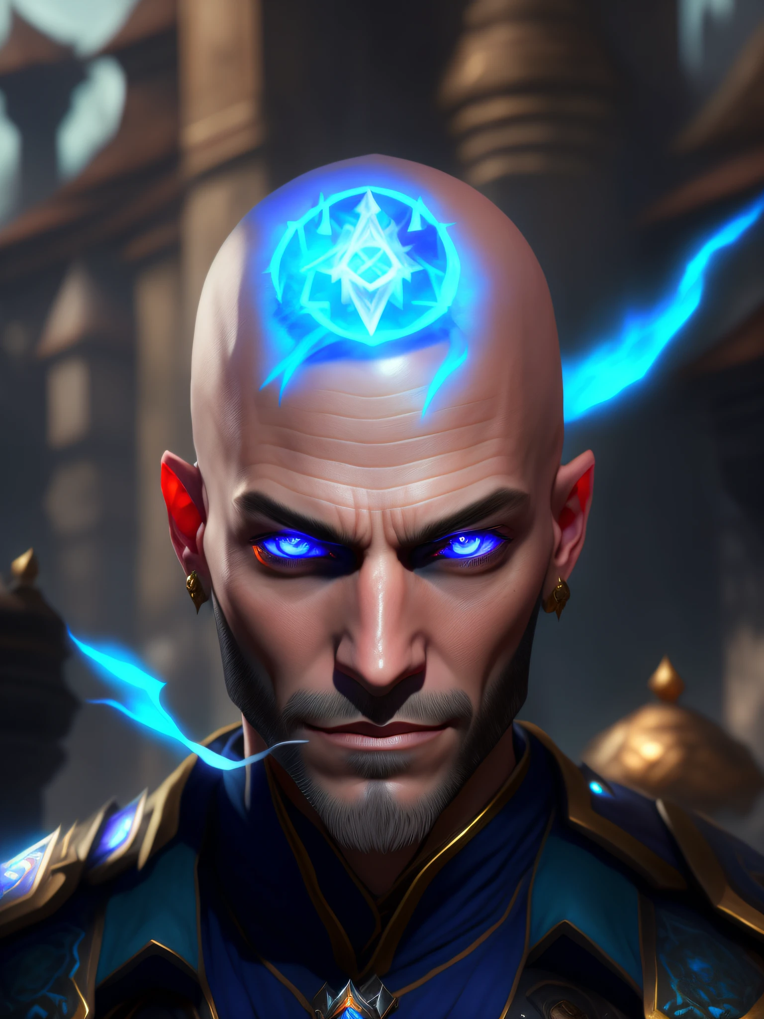 there is a man with a blue eye and a bald head, fantasy concept art portrait, closeup portrait of an mage, fantasy male portrait, portrait of a mage, rpg portrait concept art, character art portrait, unreal 5. rpg portrait, cgsociety portrait, character concept art portrait, 2 d concept art head macro shot, fantasy art smug smile man, detailed character portrait