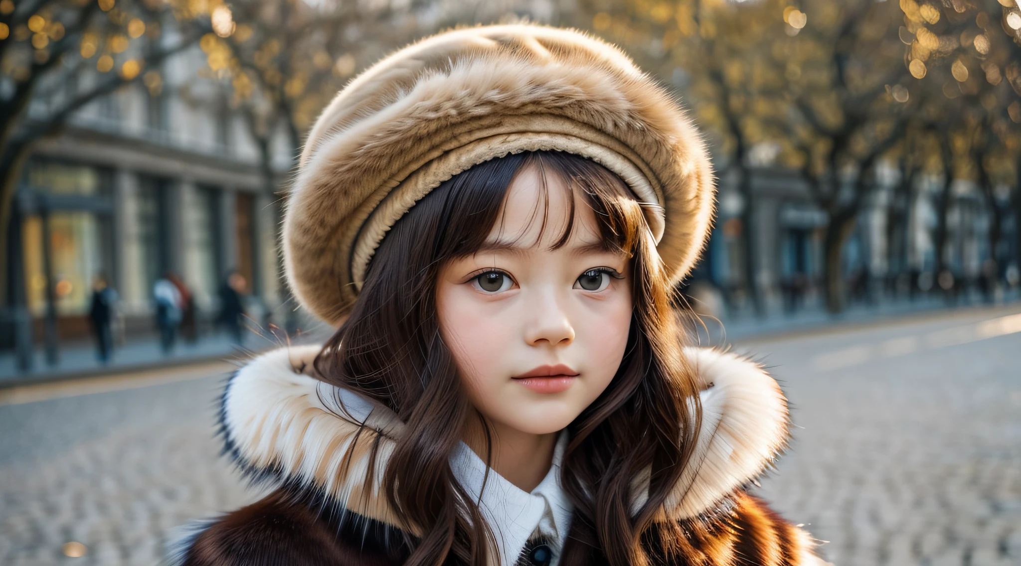 CHILD girl in a fur coat and hat posing for a photo, gorgeous young model, wearing a French beret, fur shoulder pads, wearing a beret, furry style, elegant girl, mackenzie foy, wearing a fur coat, young, wearing a luxury fur coat, cute girl, , small giery beautiful model, fashion model, an oversized beret