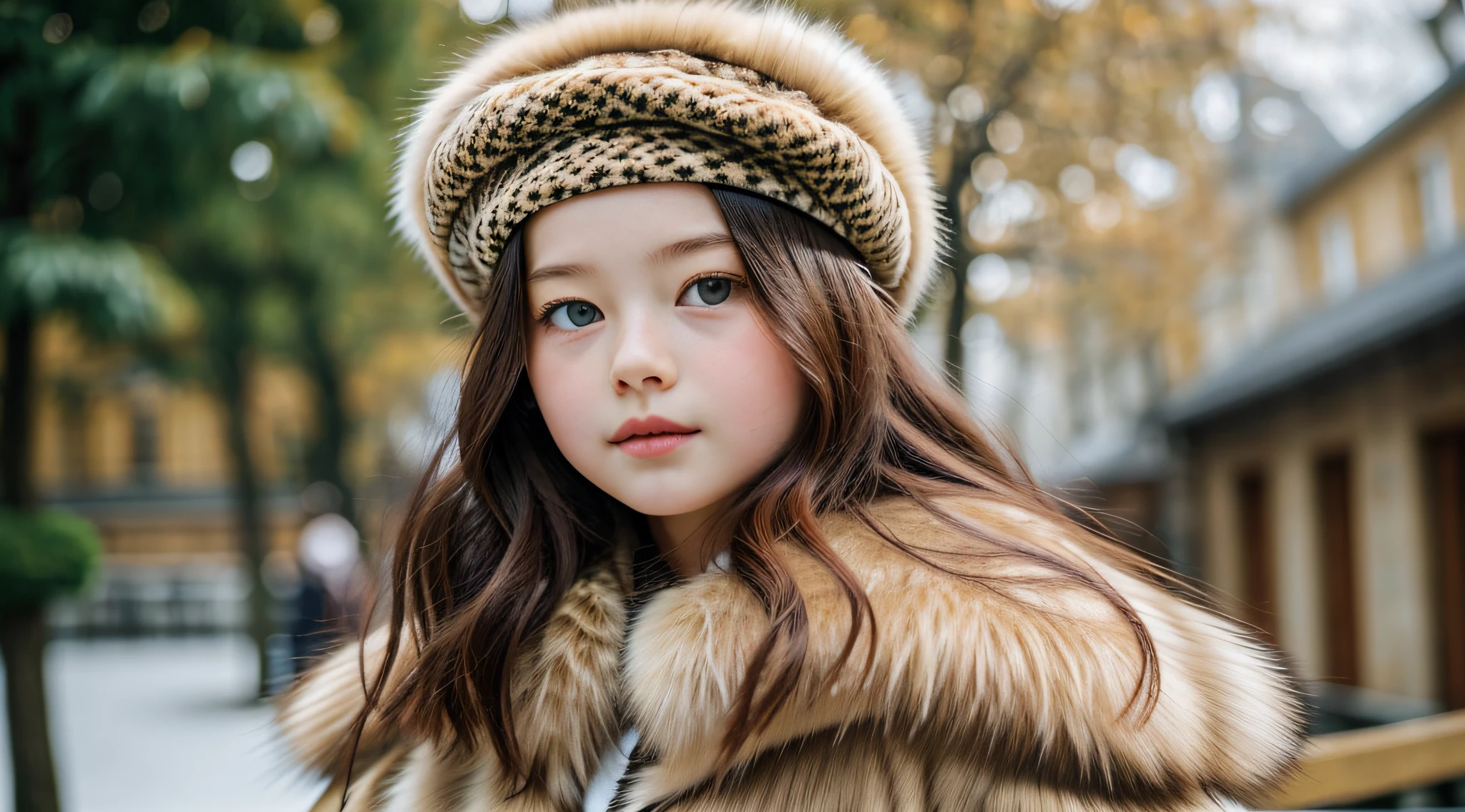 CHILD girl in a fur coat and hat posing for a photo, gorgeous young model, wearing a French beret, fur shoulder pads, wearing a beret, furry style, elegant girl, mackenzie foy, wearing a fur coat, young, wearing a luxury fur coat, cute girl, children, small girl, very beautiful model, fashion model,  an oversized beret