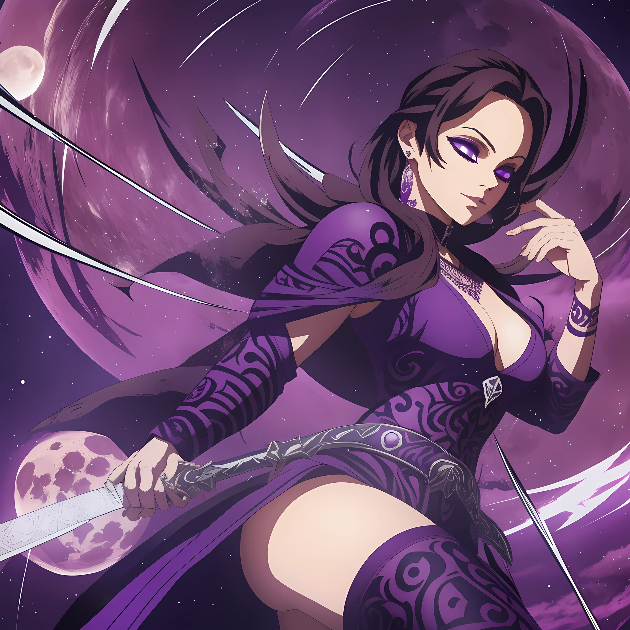 purple tribal tattoo on skin,moon background,reflection,purple detailed sword