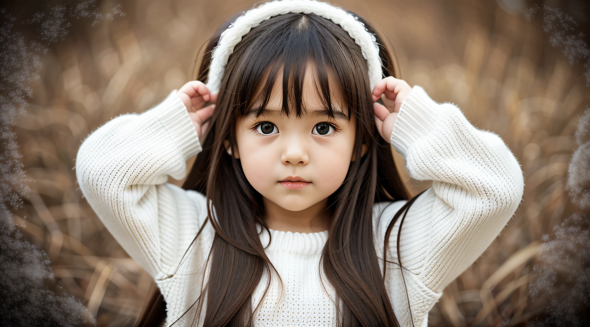 CHILD girl with long hair wearing a white sweater and muffled black ears.