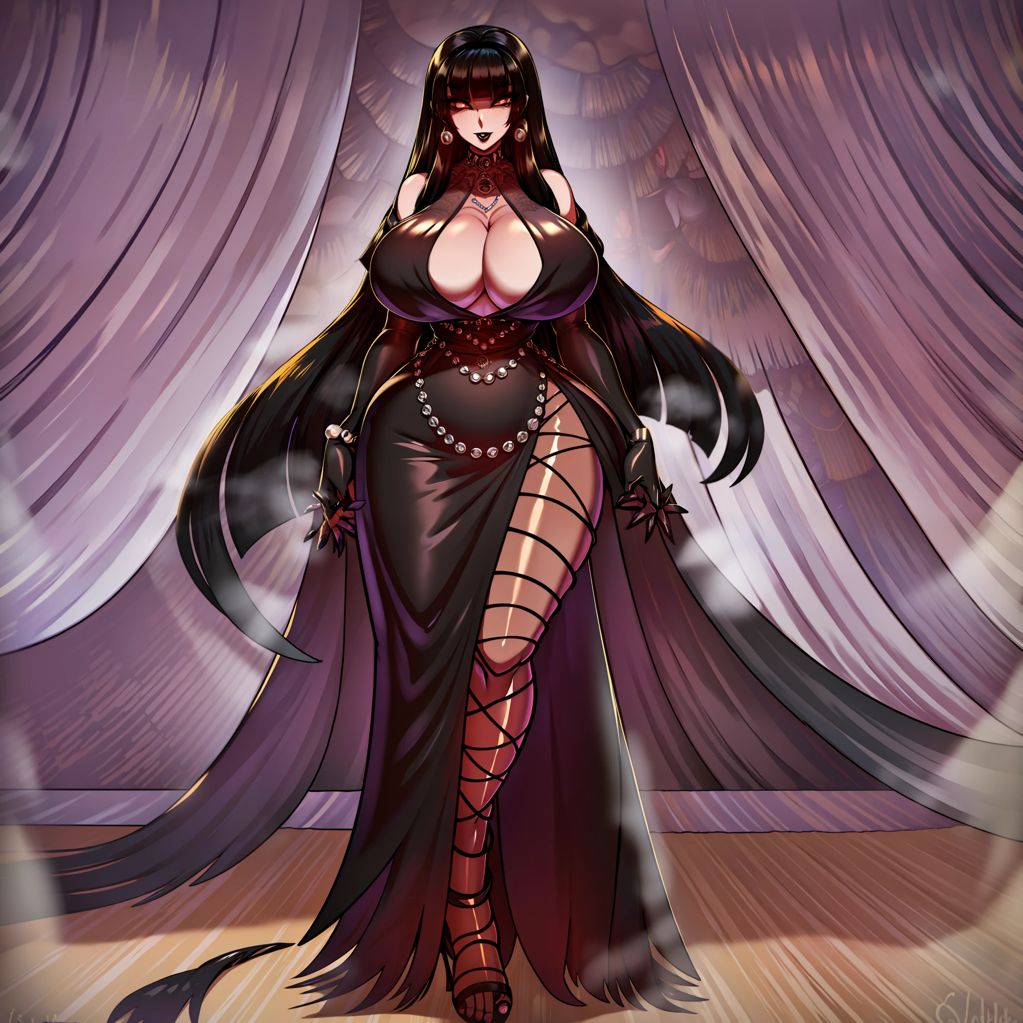 Goth, huge chest, tall woman, long dress, long dress, venus body, mature female,1character,1girl