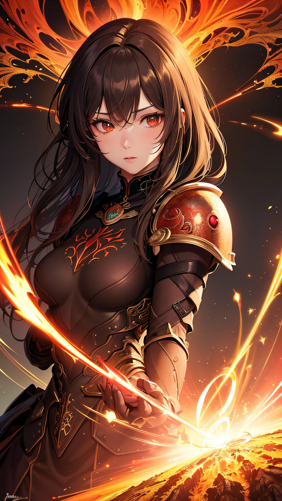 (masterpiece, top quality, best quality, official art, beautiful and aesthetic:1.2), (1girl), extreme detailed, brown hair, red eyes, (fractal art:1.3), colorful, highest detailed, perfect face, upper body, HDR, (praying:1.3), (black armor red lines:1.2), fire, (light streaks), striking visuals, (dynamic streaks, luminous trails:1.2), vibrant colors,