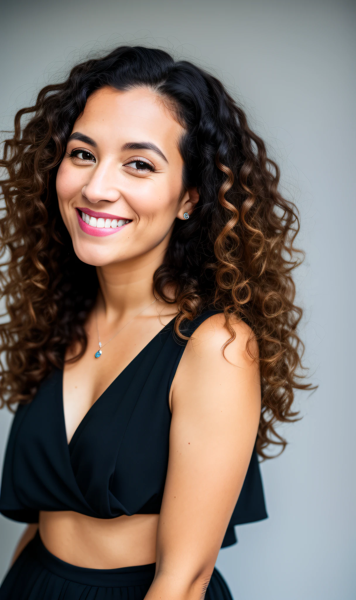 color photo of a 32 year old woman,in black clothes, social clothing, curly hair, face, ((smiling)), half body, body, highly detailed skin, skin pores, transparent background, 8k uhd, Dslr, soft lighting, high quality, film grain, Fujifilm XT3, side look