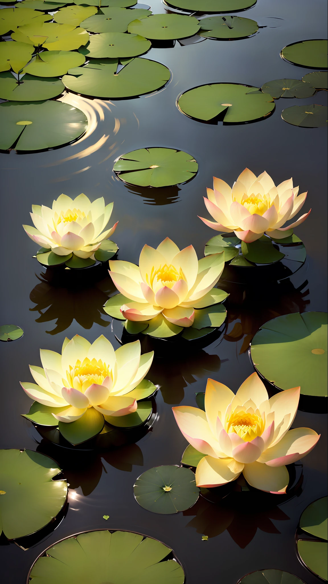 Masterpiece, exquisite, deep in the lotus pond, (colorful, vivid, sunny, cool light: 1.2) lotus leaves in the pond, night, empty