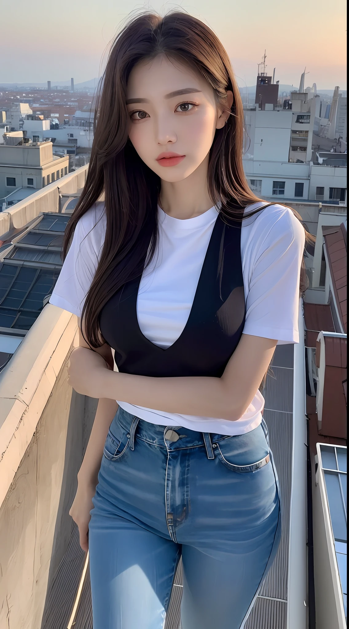 ((Midnight, Best quality, 8k, Masterpiece :1.3)), Whole body, Long legs, Sharp focus :1.2, A pretty woman with perfect figure :1.4, Slender abs :1.1, ((Dark brown hair, Big breasts :1.2)), (White tight tshirt, Jean bib, Standing:1.2), ((Night city view, Rooftop:1.3)), Highly detailed face and skin texture, Detailed eyes, Double eyelid