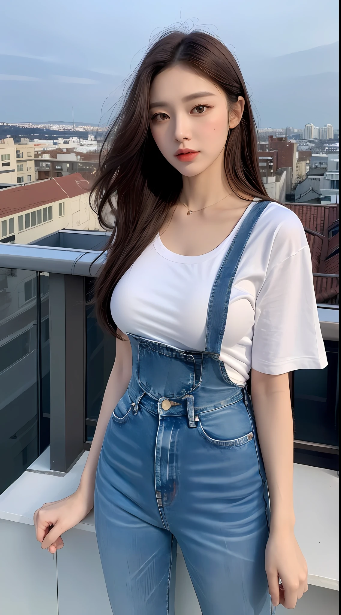 ((Midnight, Best quality, 8k, Masterpiece :1.3)), Whole body, Long legs, Sharp focus :1.2, A pretty woman with perfect figure :1.4, Slender abs :1.1, ((Dark brown hair, Big breasts :1.2)), (White tight tshirt, Jean bib, Standing:1.2), ((Night city view, Rooftop:1.3)), Highly detailed face and skin texture, Detailed eyes, Double eyelid