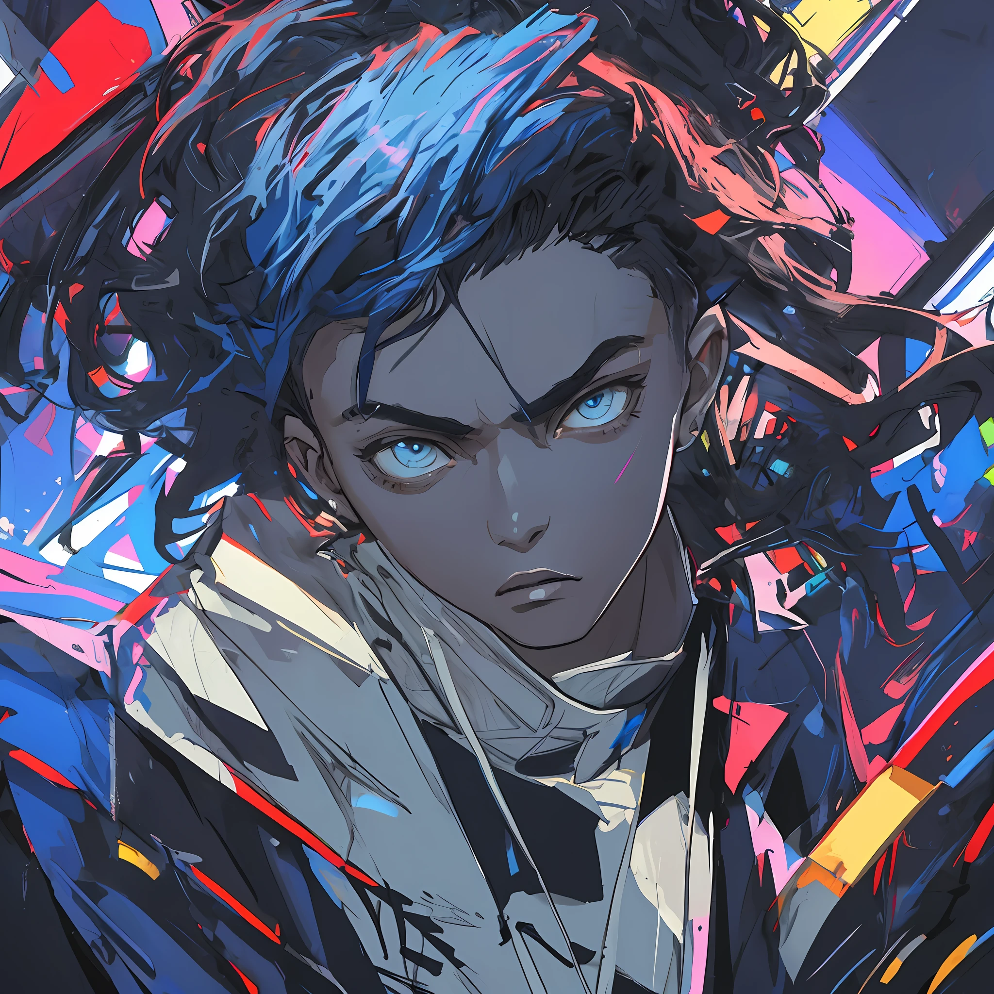 masterpiece, visual representation of the music ((Starboy by The Weeknd)), anger, anger visual representation, hd, best quality, I'm a Starboy, hd, super detailed, impressionism, high res,8k, blue, blue color, blue monochromatic colors, city lights, cool photography, indie aesthetic, blue, upper body, black skin, dark skinned, AFRO, BLACK