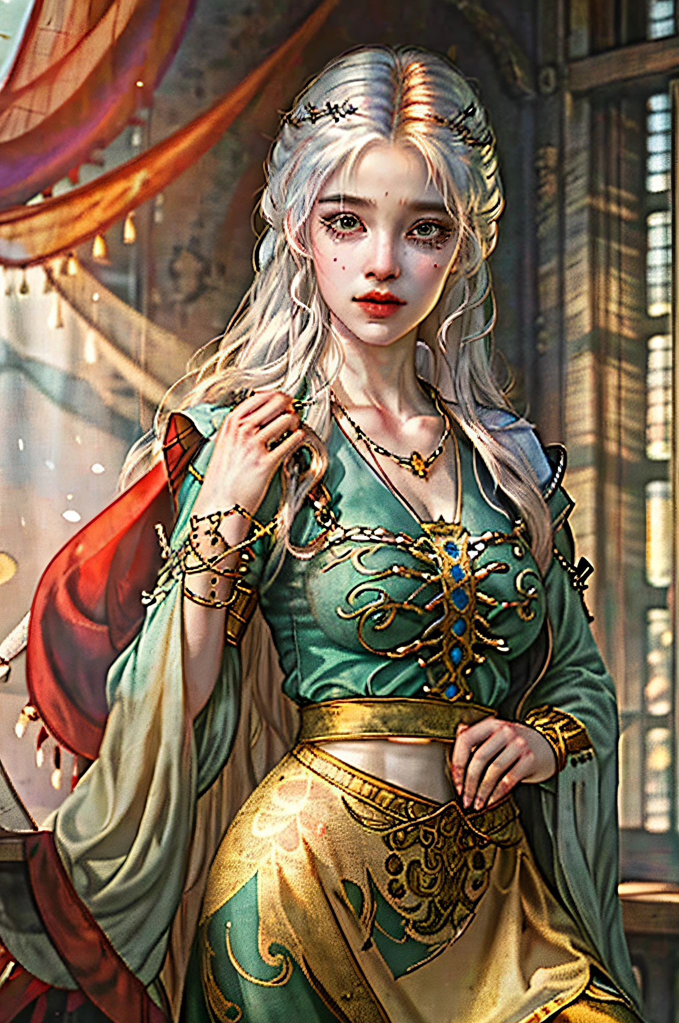 zrpgstyle, scavenger girl, sitting in a medieval fantasy tavern interior, colorful tapestries on the walls Game of Thrones Hogwarts bright morning sunlight shining in from windows Clutter-Home, (masterpiece:1.2) (best quality) (detailed) (intricate) (8k) (HDR) (wallpaper) (cinematic lighting) (sharp focus)