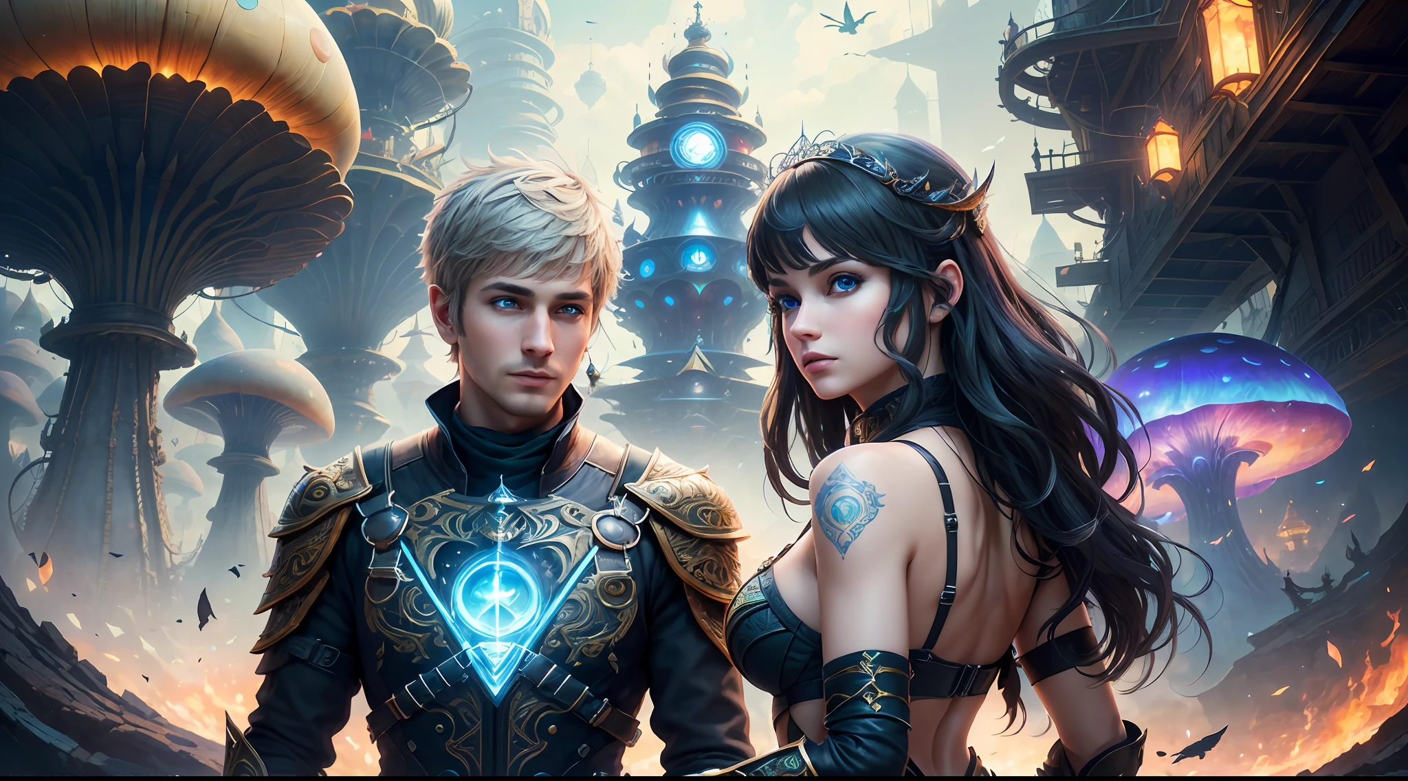 (((Multiplayer, Vivid Eyes, Man and Woman))), Best Quality, Realistic, Realistic, Award-Winning Illustrations, (Intricate Details: 1.2), (Fine Details), (Intricate Details), (Cinematic Light, Best Quality Backlight), Clear Lines, Sharp Focus, Official Art, Unity 8k Wallpapers, Ridiculous, Incredibly Absurd, Fantasy Art, (((Full Body Portrait))), RTX, ((Award-winning Triangle Studio Close-up Photo)), 1 couple, (shut up), best quality, 4K, beautiful mysterious creatures, female, flying, surrealism, masterpiece by ncwinters, in a mysterious country town, masterpiece, intricate details, ff14style, urban painting, bridge, river, giant mushroom, landscape, bright colors,