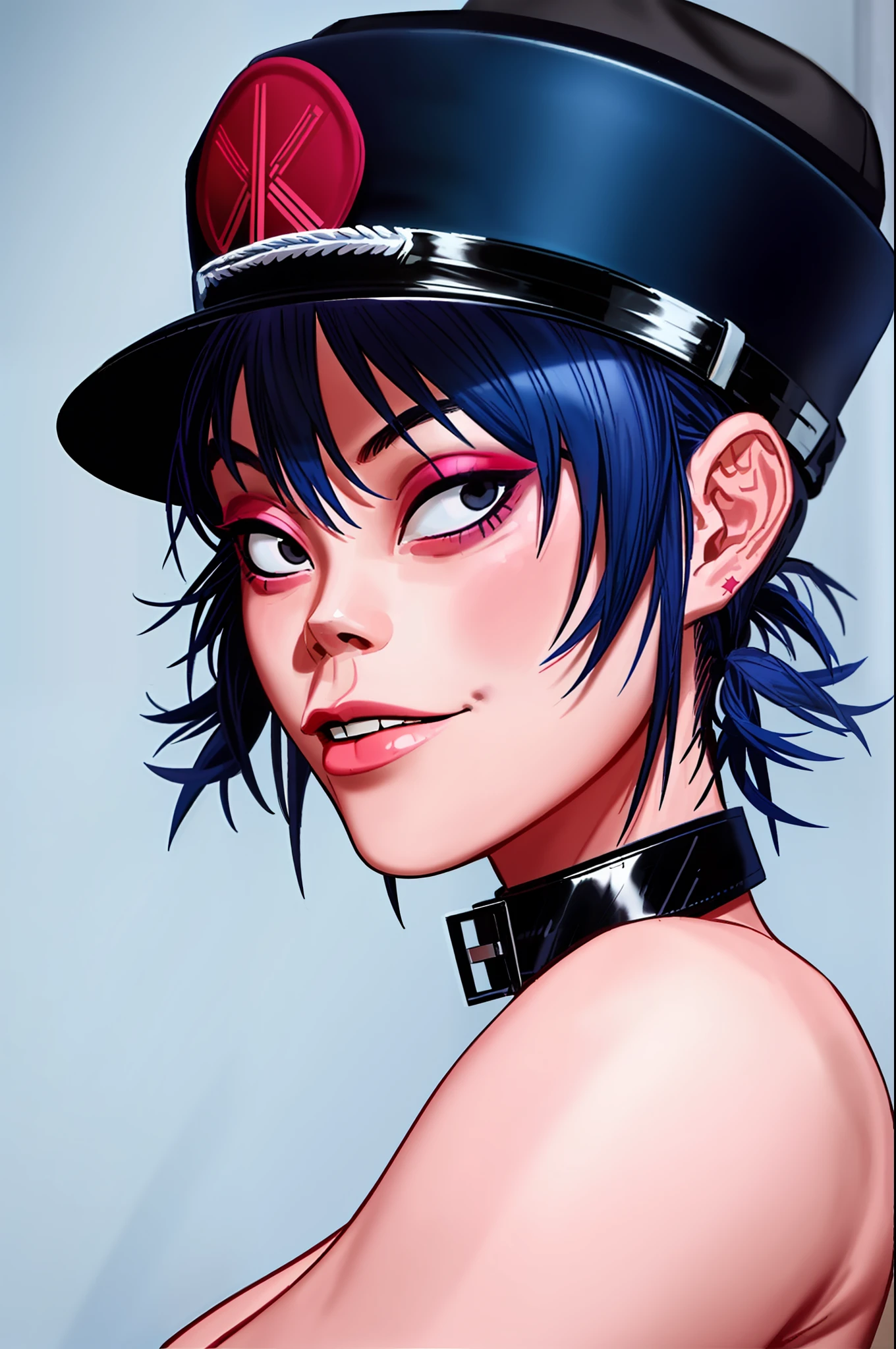 noodle (gorillaz), masterpiece, best quality, 1girl, solo, hat, blue hair, twintails, makeup, bangs, collar, short hair, portrait, lipstick, black eyes, parody, breasts,