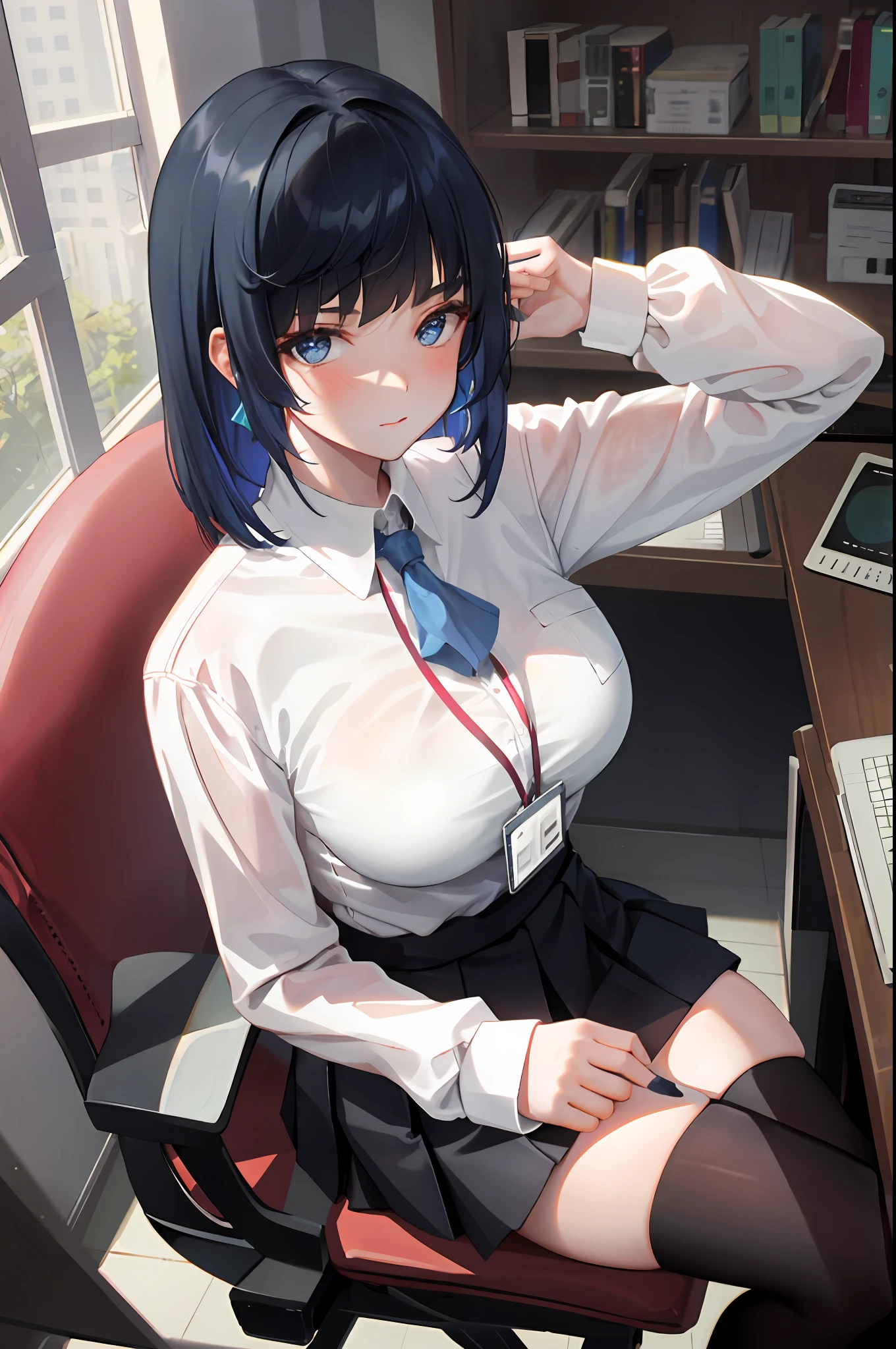 YELAN, 1girl, solo, ((white shirt)), black thighhighs, breasts, cleavage, uniform, office background, black skirt, pleated skirt, office, hair between eyes, large breasts, short hair, looking at viewer, BLUE HAIR, blue short nails, blue eyes, solo, thighhighs, thighs, very long hair, ((masterpiece)), sitting, chair, desk, computer on desk, name tag, id tag, indoor, blush, sexy pose,