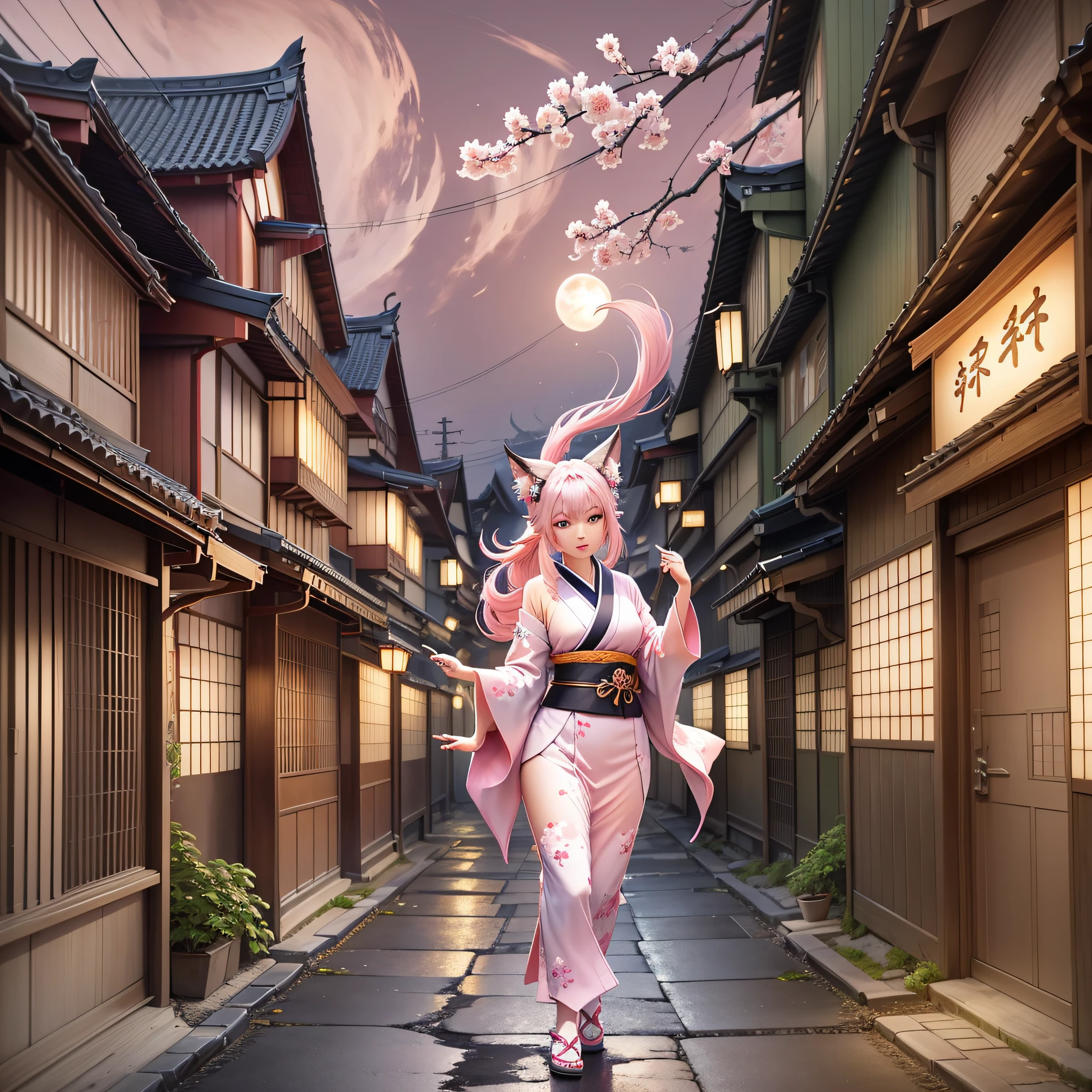 (Painting style: Japanese Q Moe), (Lighting: soft moonlight), "Nine-tailed Fox" (anti-human form, fun form), "Humanoid" (pointed ears + foxtail), (Clothes: pink gradient kimono), "When the peach blossom is in full bloom, it tumbles and dances backwards and backwards, playing idlers, and is extremely beautiful", (Background: depicts its churning figure, Japanese-style ancient streets, scattered houses, brilliant lights, creating a fantastic exotic atmosphere). --auto --s2