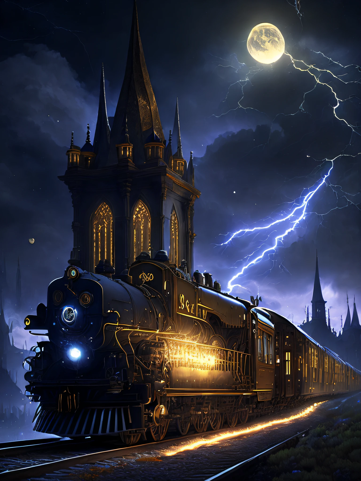 monster gantz train, by mooncryptowow, monster gantz, by mooncryptowow, (Deville train of elegance) low knight, black windows, no chrome, golden glow underneath, driving down the dark road, full moon, background lightning and fog, old church