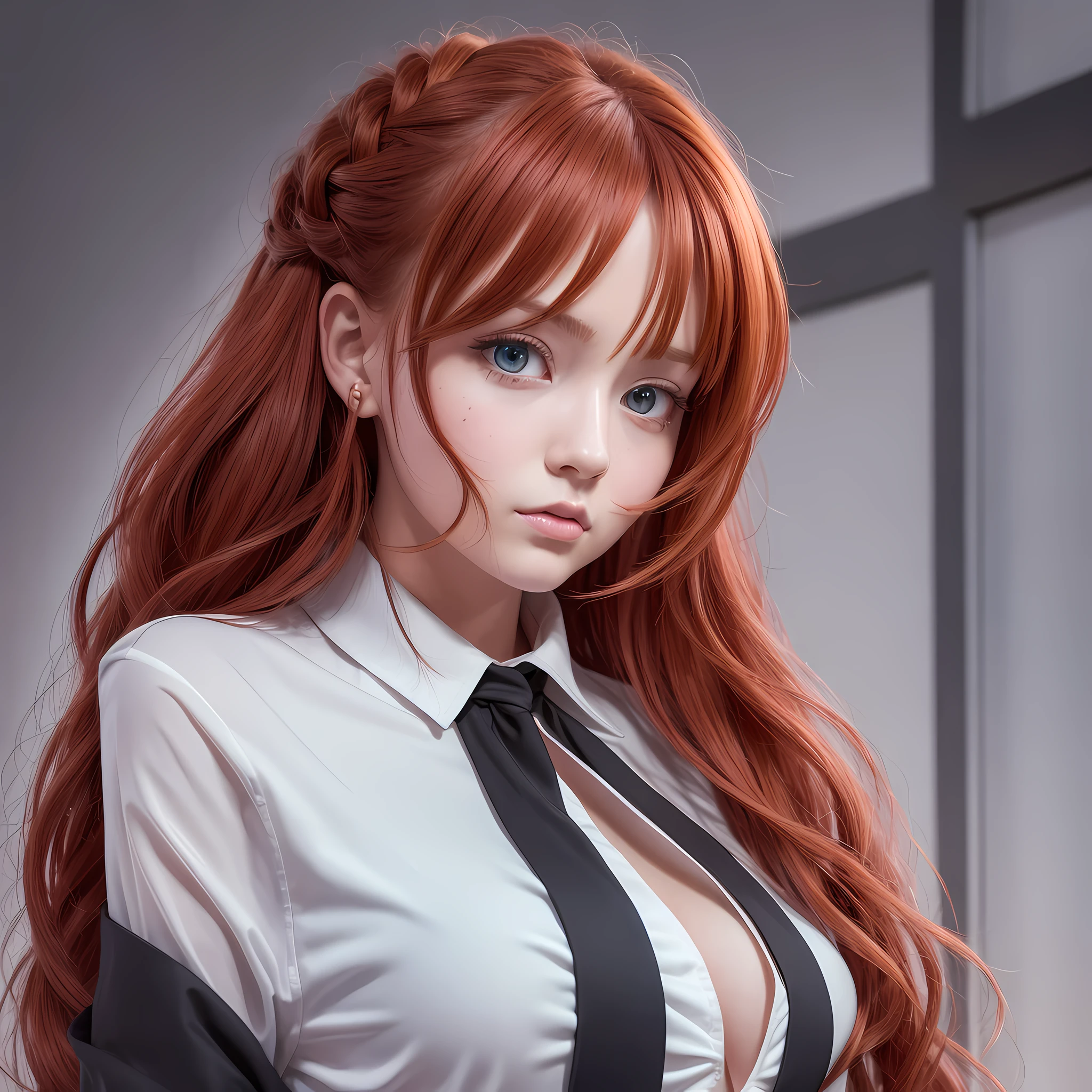 adolecent, best quality, ultra detailed, redhead, yellow eyes, makima, electric saw man, anime, black tie, hair with braids, transparent blouse
