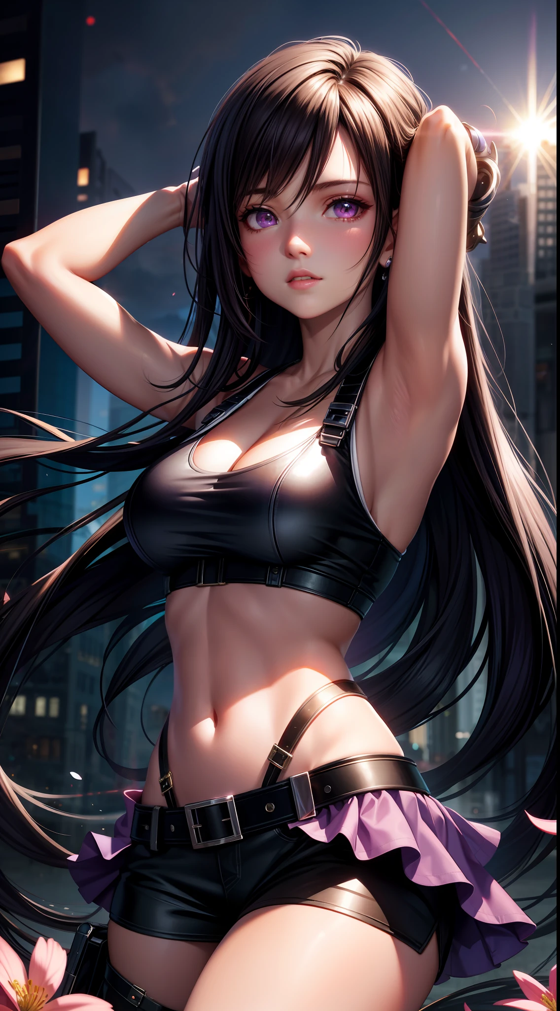 Tifa, realistic, girl alone, purple eyes, shining eyes, crop top, skirt, parted lips, blush, night, flower, sun, sunlight, best quality, 8k,