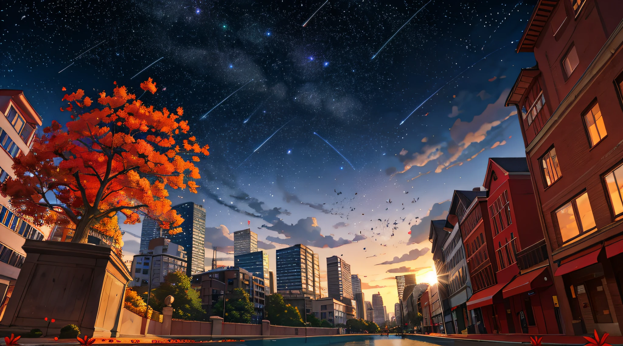 Scenery , City , Lycoris Radiata Flower , Sky , Sun , Floating Leaves , Breeze , Day , shooting stars in the sky , Fall Season