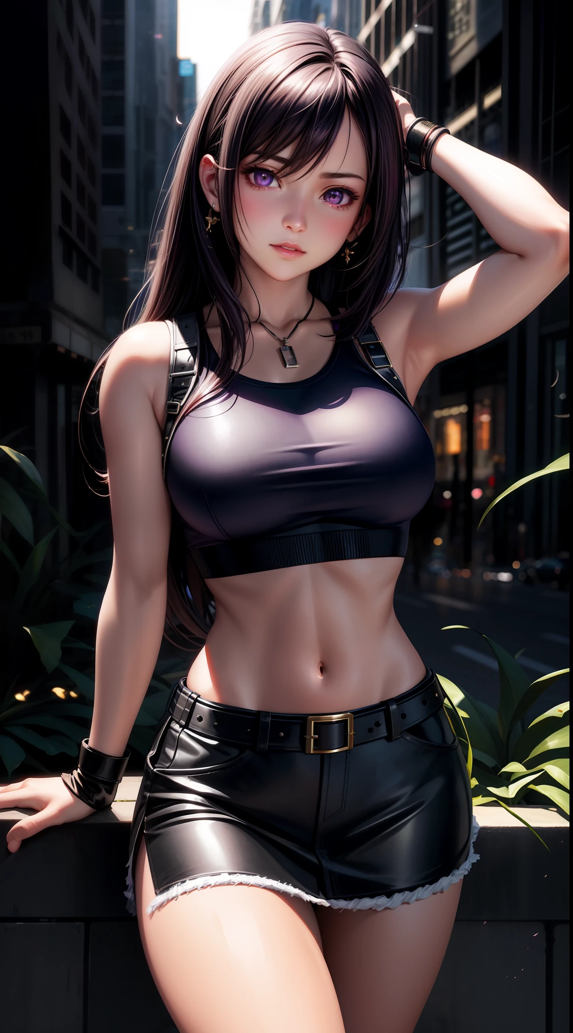 Tifa, realistic, girl alone, purple eyes, shining eyes, crop top, skirt, parted lips, blush, night, flower, sun, sunlight, best quality, 8k,