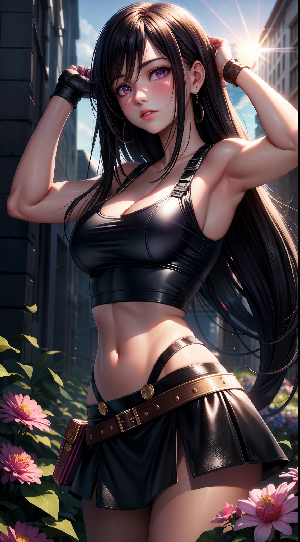 Tifa, realistic, girl alone, purple eyes, shining eyes, crop top, skirt, parted lips, blush, night, flower, sun, sunlight, best quality, 8k,