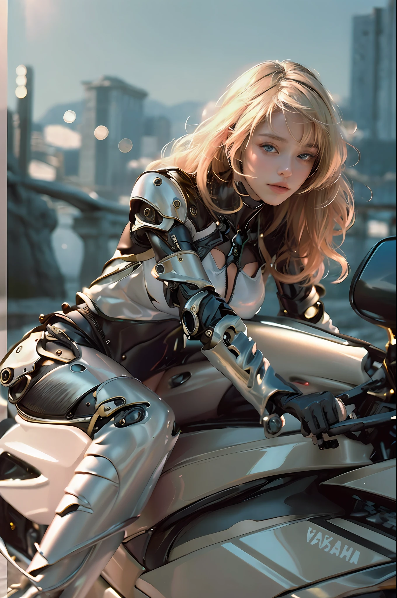 ((masterpiece)), ((best quality)), (ultra-detailed), ((high contrast)), (high saturation), (beautiful detailed eyes), ((an extremely delicate and beautiful)), (nice hands), ((perfect hands)), summer, outdoors, coast, rocky place, sandy beach, sea, girl riding a motorcycle, medium hair, blond hair, asymmetrical bangs, beautiful detailed glass hair, blue eyes, small breasts, mechanical suit, ((gloss body)), (very shiny body), clear parts, jewelry, ornaments, gorgeous, luxurious, fabulous, illuminations scattered all over the body, illumination shines, robort, cyborg, android, bodysuit, realistic, stereoscopic feeling, mecha musume, mechanical parts, super robot joints, full armor, headgear