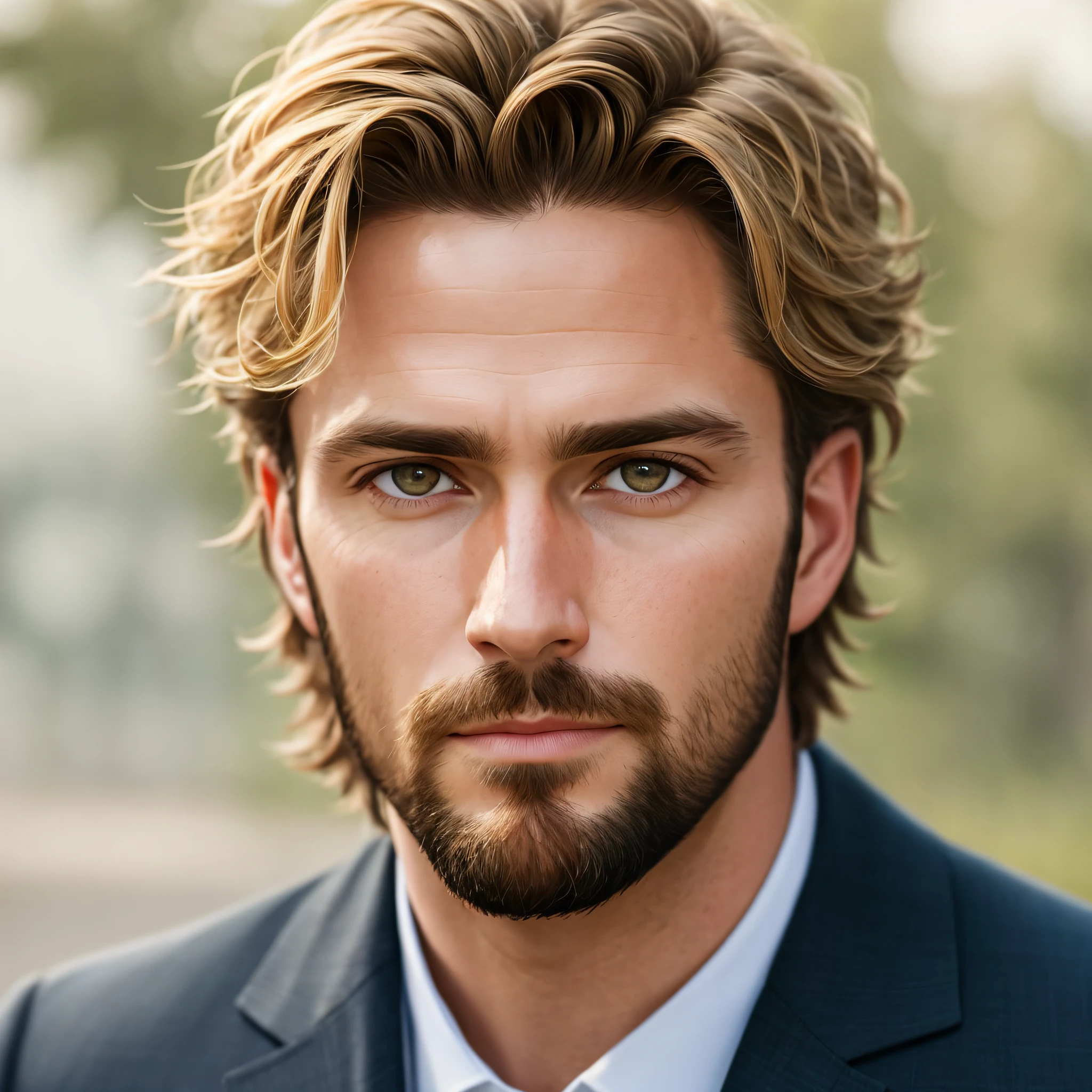 A well-detailed front-facing photo of a realistic middle age handsome man, with alpha male vibes with a sharp gaze focused on the future, oscar-winning photography, striking image captures, meticulous attention, stunning costume design, front-facing photo, looking directly into the camera lens. with a sharp gaze focused on the future, hyperdetailed, 4k, photorealistic, 3, 4 portrait looking directly into the camera lens