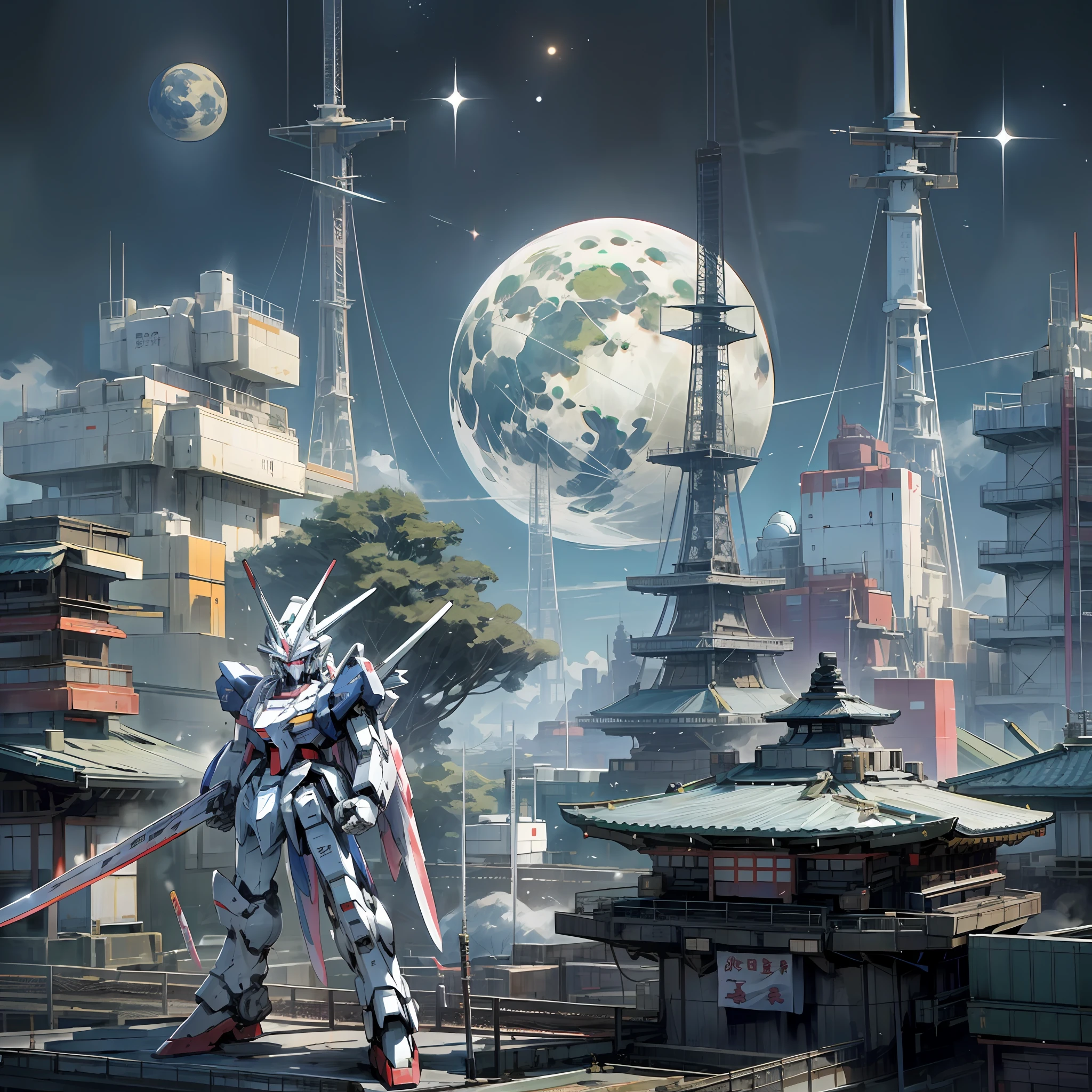 Moon, Earth Behind, Outer Space, holding_weapon, no_humans, 1machine, Camera Gaze, Gundam, (with Japan Sword: 1.3), Japan City, Traditional, Science Fiction, (Japan Building), City, Reality,