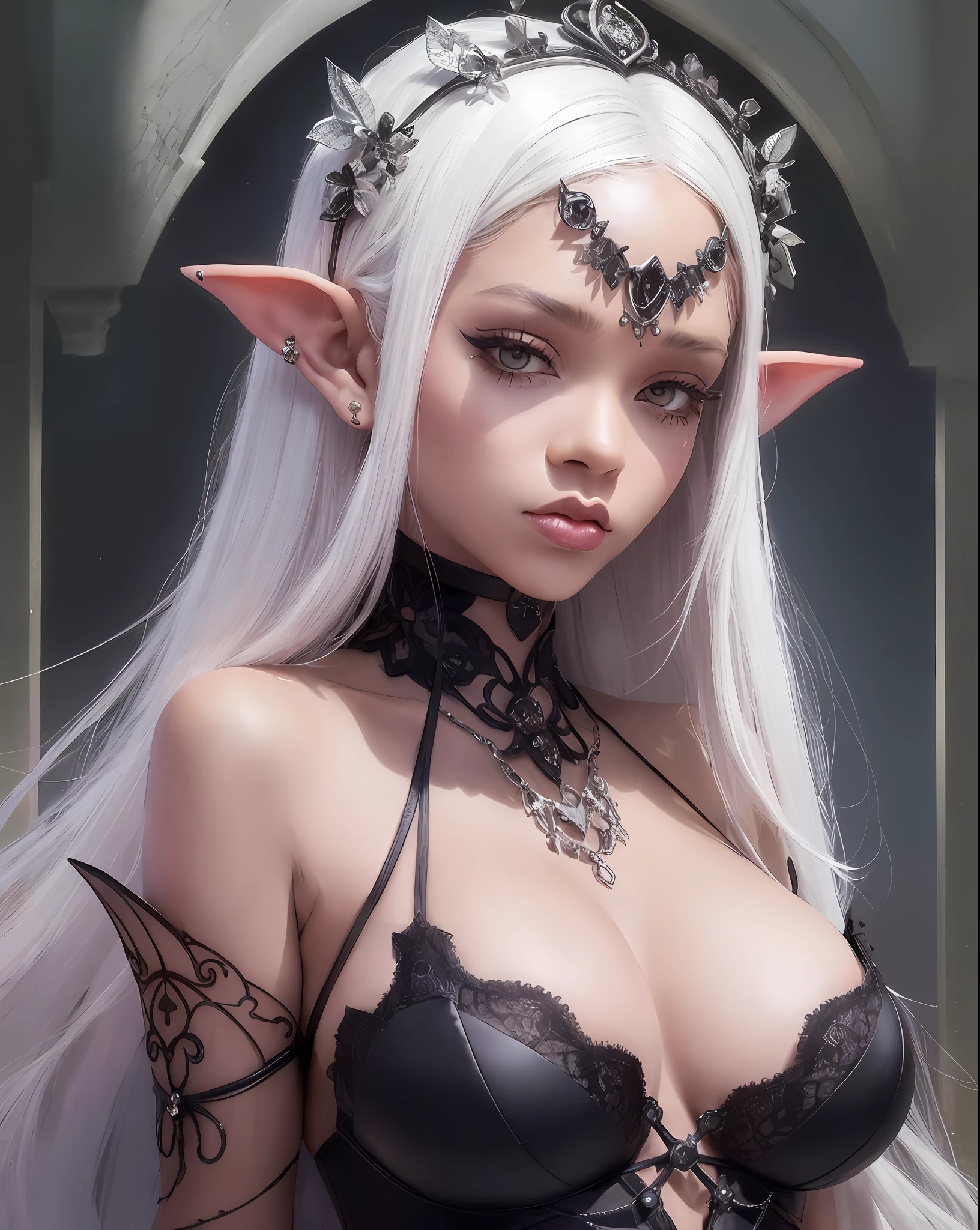 Rihanna with white makeup and elf ears posing for a photo, portrait of a goblin, a portrait of an elf, portrait of an elf queen, dark elf, big breasts, beautiful legs, walking, long dress, barefoot, very cute elven top model, beautiful dark elf countess, dark elf maiden, very cute elf portrait, dark elf princess, female elf, fantasy portrait, dark fantasy portrait, detailed matte fantasy portrait, medium breasts, long neckline, black tulle fabric, dark style, dark, dark forest.