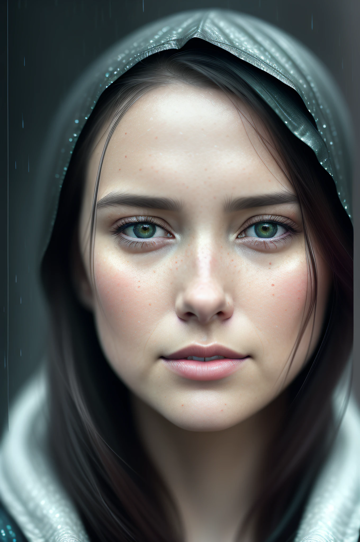 here is a woman that is looking at the camera in the rain, cinematic realistic portrait, ultra realistic digital painting, ultra-realistic digital art, soft portrait shot 8 k, rain drops on face, ultra realistic digital art, hyperrealistic digital painting, hyper realistic digital painting, hyperrealistic digital art, ultrarealistic digital art, beautiful photorealistic imagery, hyper realistic digital art