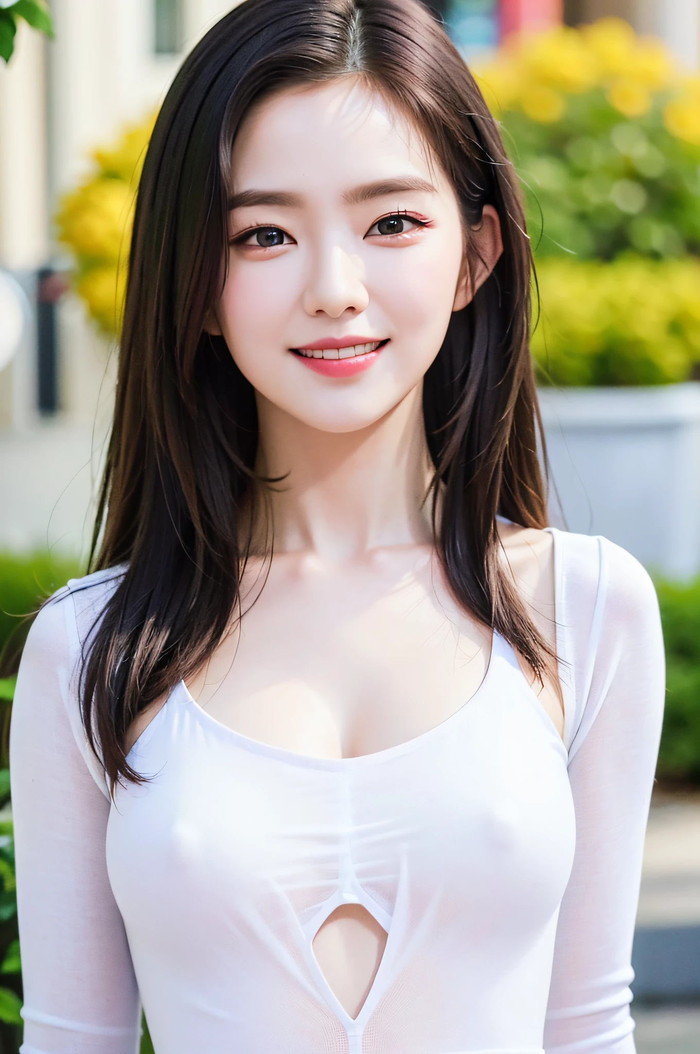 extremely detailed eyes, extremely detailed face, best quality ,masterpiece, extremely detailed, ultra-detailed, (realistic, photo-realistic:1.3), smile, (facing front), looking at viewer, white shirt, sunny day, outdoor, 1girl upperbody