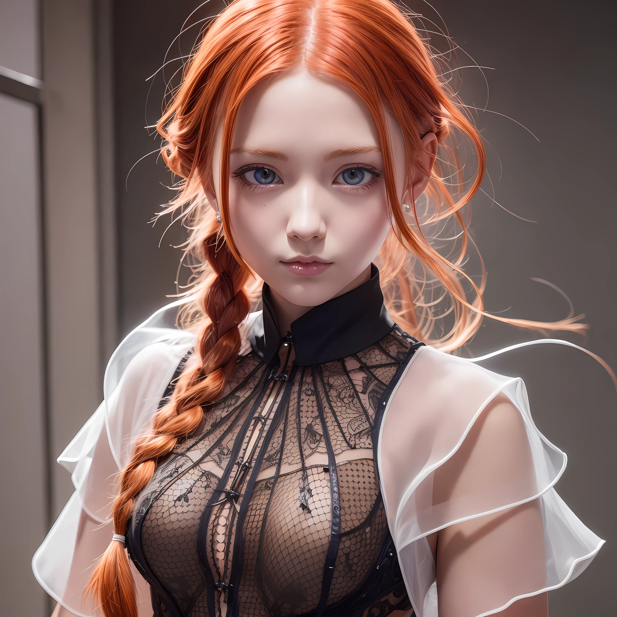 adolecent, best quality, ultra detailed, redhead, yellow eyes, makima, electric saw man, anime, black tie, hair with braids, transparent blouse