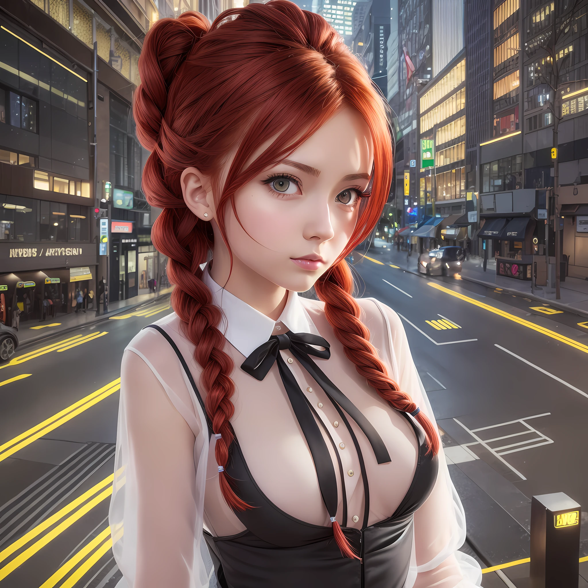 adolecent, best quality, ultra detailed, redhead, yellow eyes, makima, electric saw man, anime, black tie, hair with braids, transparent blouse