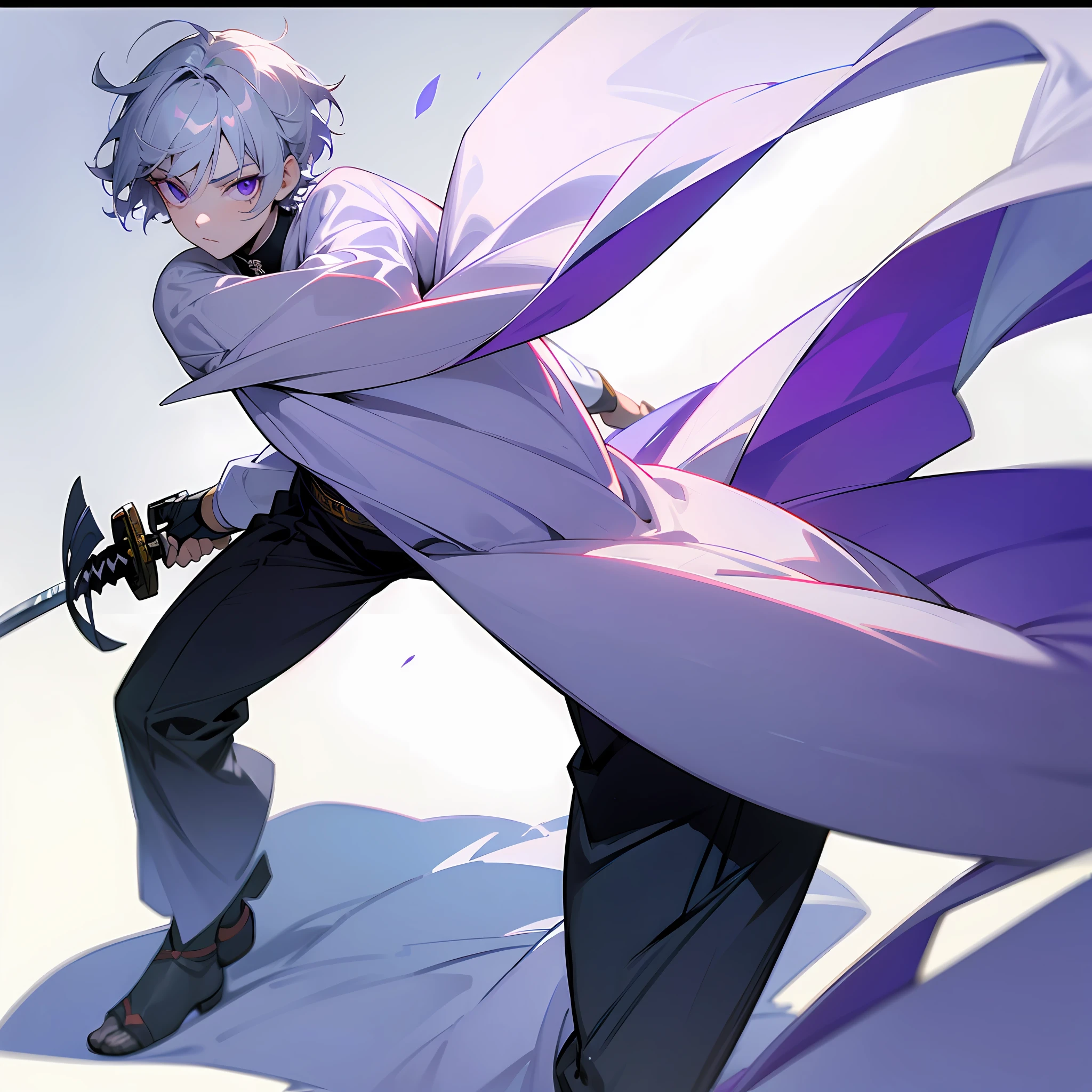 white skin, ultra beautiful face, following a katana, sword, ambient light, pessonage, full body, anime, boy with short hair, silver white, purple eyes, beautiful eyes, shy, Maximum quality.