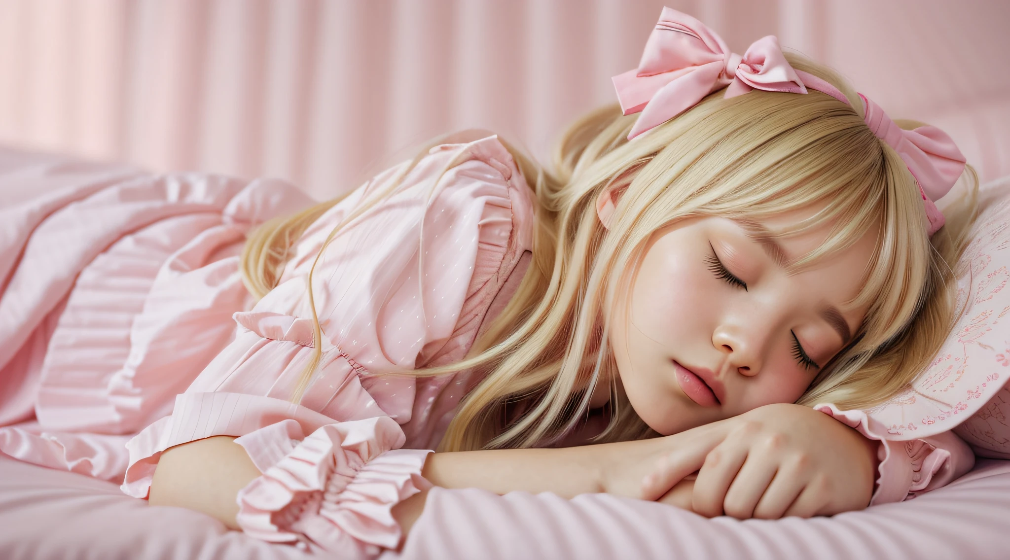 Blonde CHILD woman with pink dress and pink bow lying on the bed, Lalisa Manobal, sleepy model face, Lalisa Manoban of Blackpink, Belle Delphine, sleeping princess!!!!, Sleeping beauty, soft hair, beautiful languid princess, with full bangs, dreaming of kissing a girl, DDLC, cute bangs, sleepy, Sakura Kinomoto
