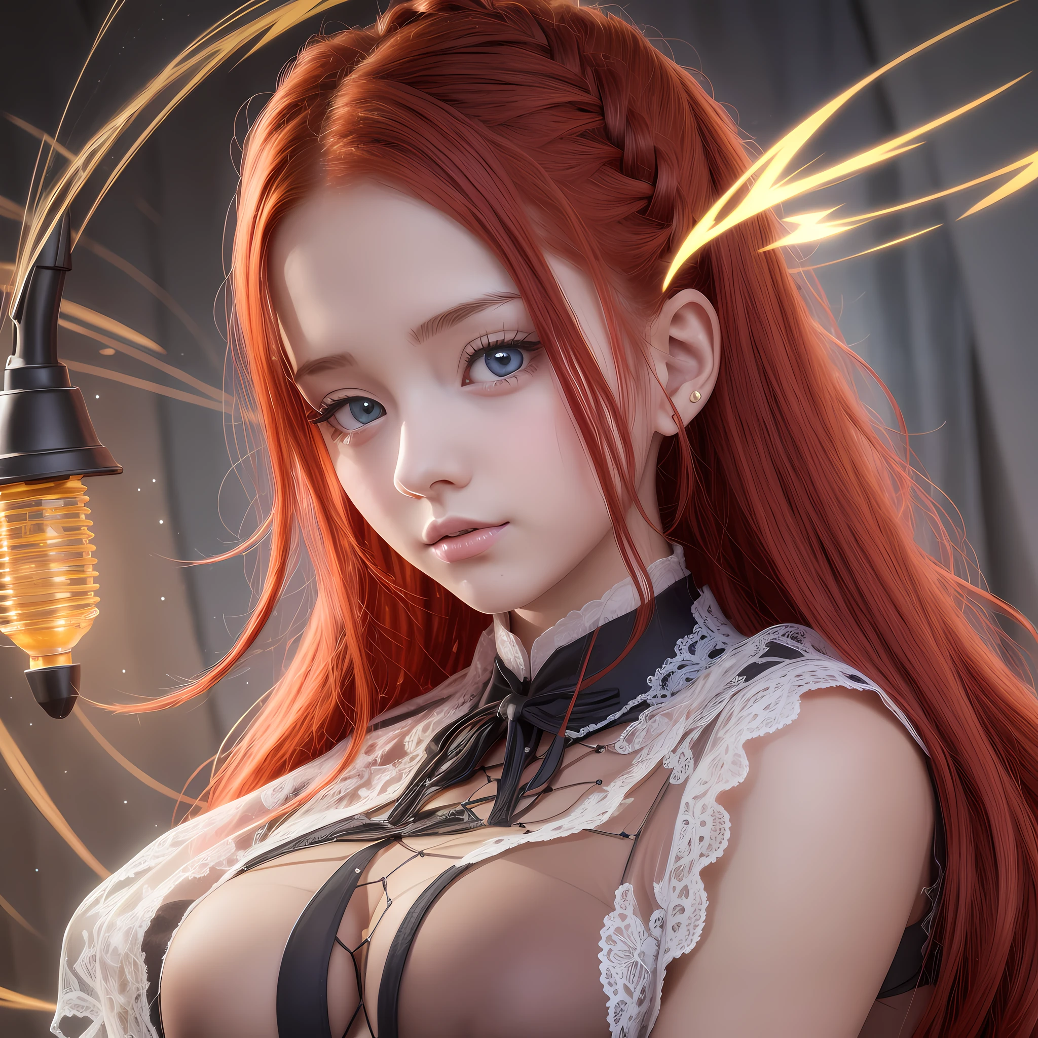 adolecent, best quality, ultra detailed, redhead, yellow eyes, makima, electric saw man, anime, black tie, hair with braids, transparent blouse