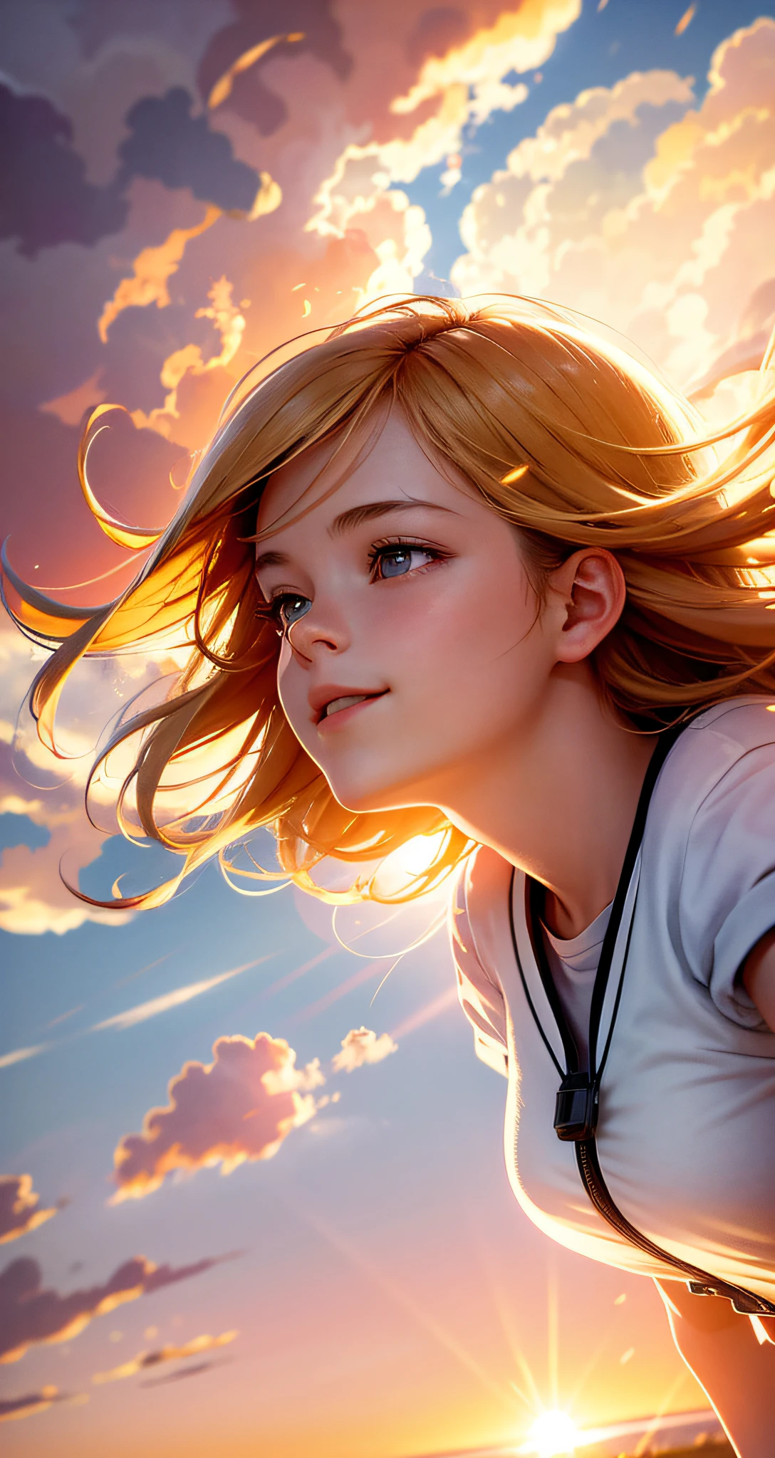 masterpiece, best quality, movie still, (1girl), cloud girl, floating in the sky, close-up, bright, happy, warm soft lighting, sunset, (sparks:0.7)