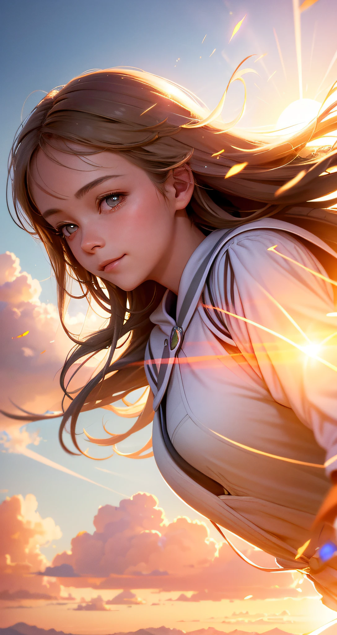 masterpiece, best quality, movie still, (1girl), cloud girl, floating in the sky, close-up, bright, happy, warm soft lighting, sunset, (sparks:0.7)