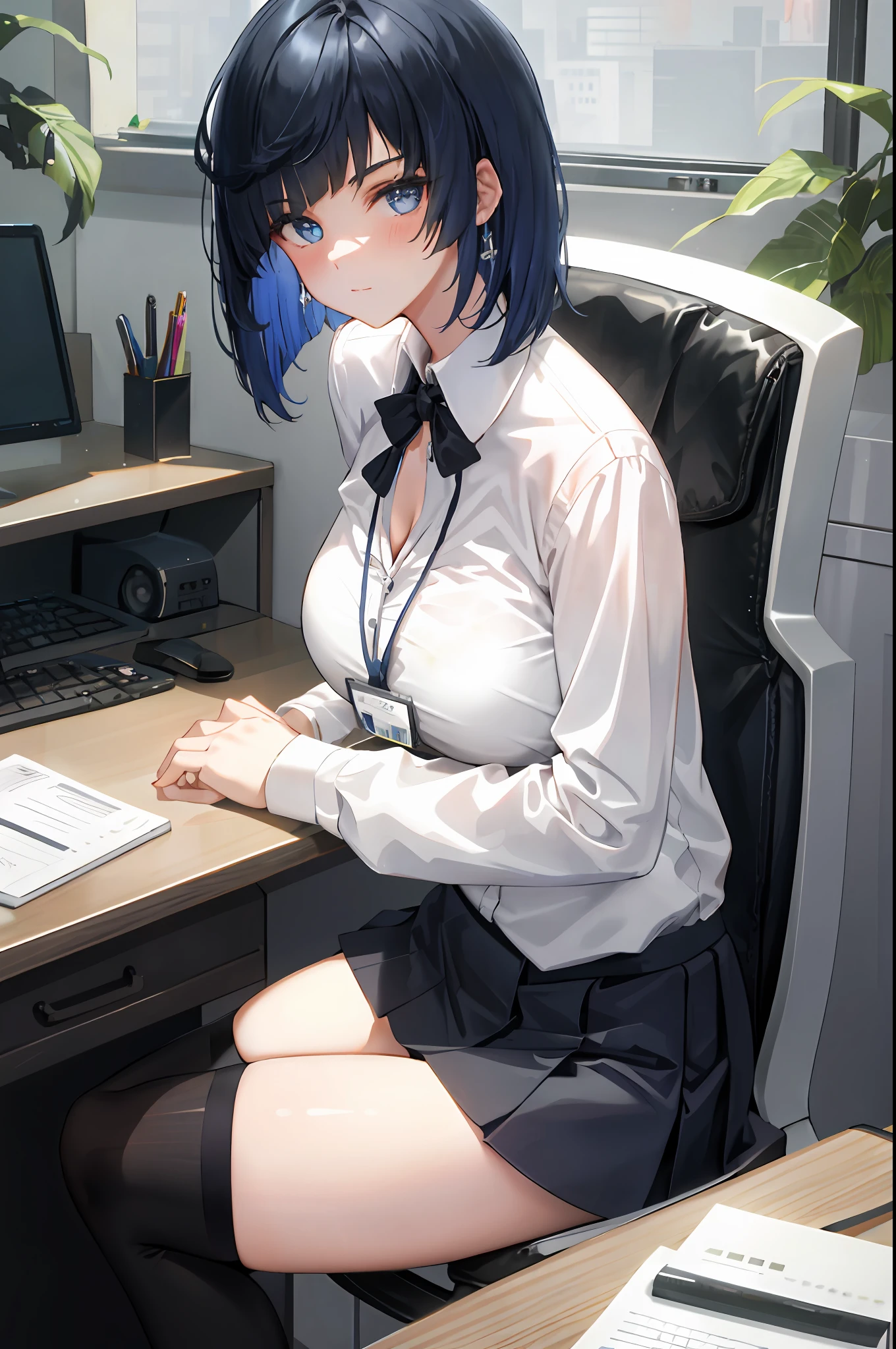 YELAN, 1girl, solo, ((white shirt)), black thighhighs, breasts, cleavage, uniform, office background, black skirt, pleated skirt, office, hair between eyes, large breasts, short hair, looking at viewer, BLUE HAIR, blue short nails, blue eyes, solo, thighhighs, thighs, very long hair, ((masterpiece)), sitting, chair, desk, computer on desk, name tag, id tag, indoor, blush, sexy pose,