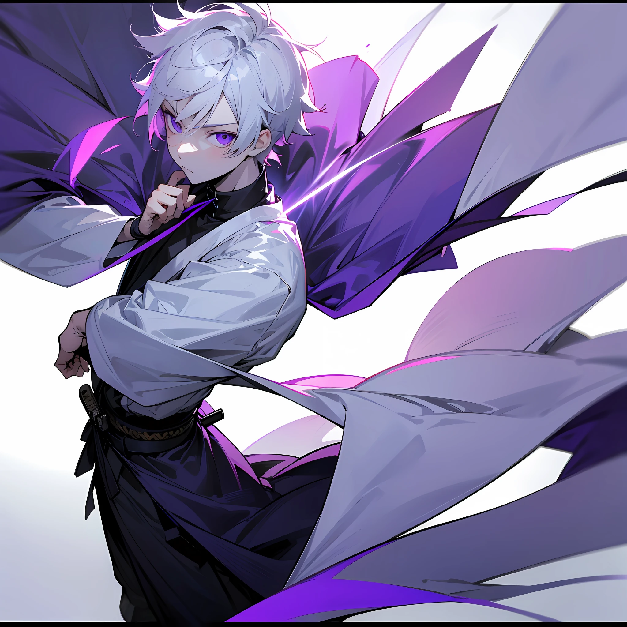 white skin, ultra beautiful face, following a katana, sword, ambient light, pessonage, full body, anime, boy with short hair, silver white, purple eyes, beautiful eyes, shy, Maximum quality.
