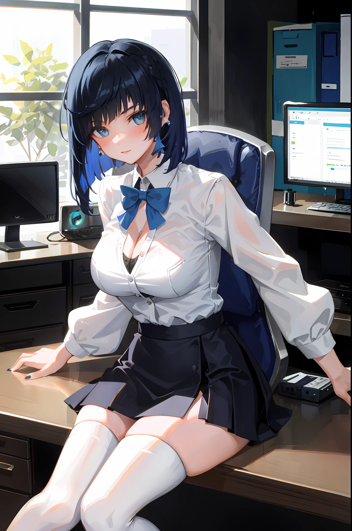 YELAN, 1girl, solo, ((white shirt)), black thighhighs, breasts, cleavage, uniform, office background, black skirt, pleated skirt, office, hair between eyes, large breasts, short hair, looking at viewer, BLUE HAIR, blue short nails, blue eyes, solo, thighhighs, thighs, very long hair, ((masterpiece)), sitting, chair, desk, computer on desk, name tag, id tag, indoor, blush, sexy pose,