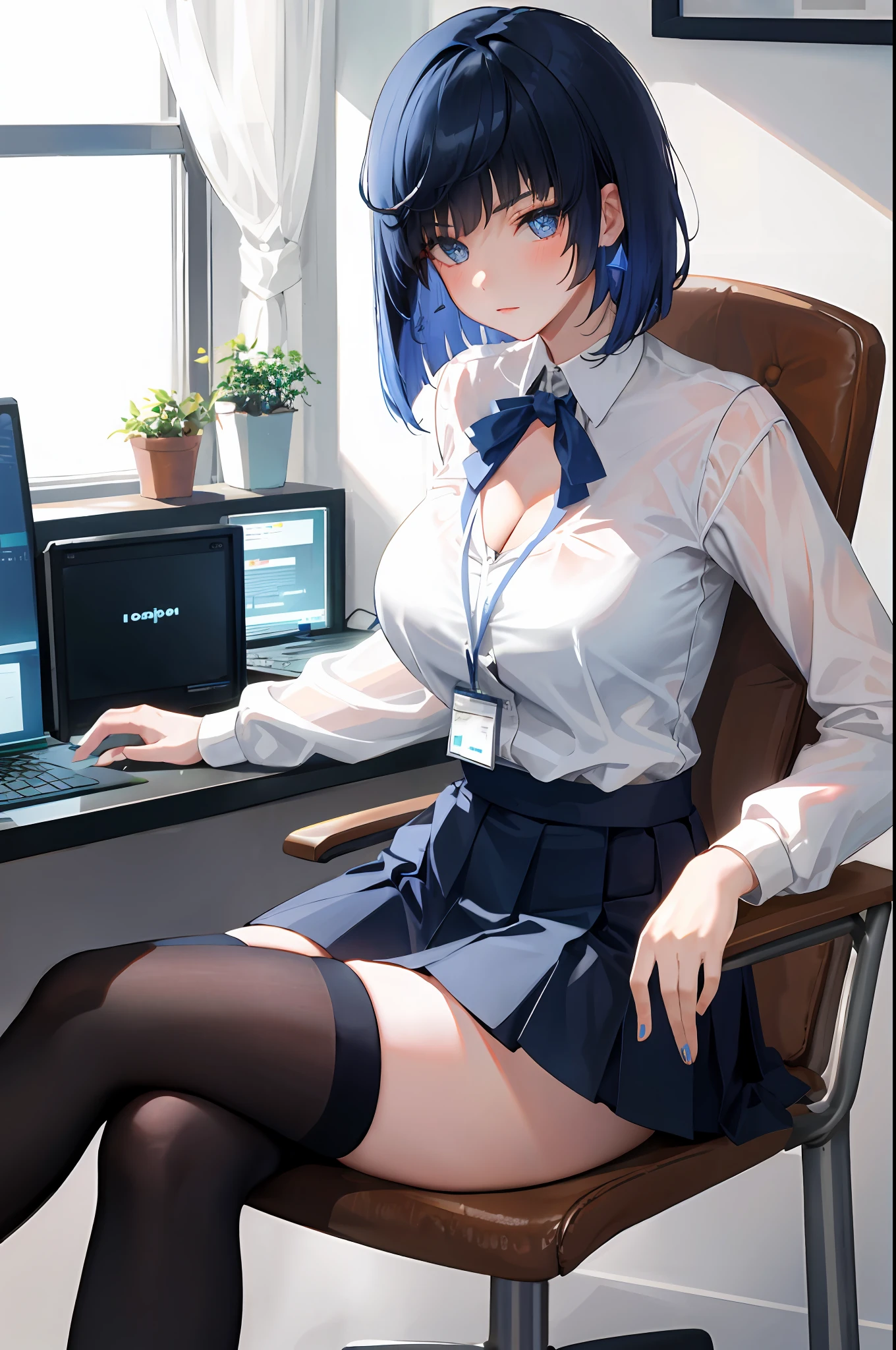 YELAN, 1girl, solo, ((white shirt)), black thighhighs, breasts, cleavage, uniform, office background, black skirt, pleated skirt, office, hair between eyes, large breasts, short hair, looking at viewer, BLUE HAIR, blue short nails, blue eyes, solo, thighhighs, thighs, very long hair, ((masterpiece)), sitting, chair, desk, computer on desk, name tag, id tag, indoor, blush, sexy pose,
