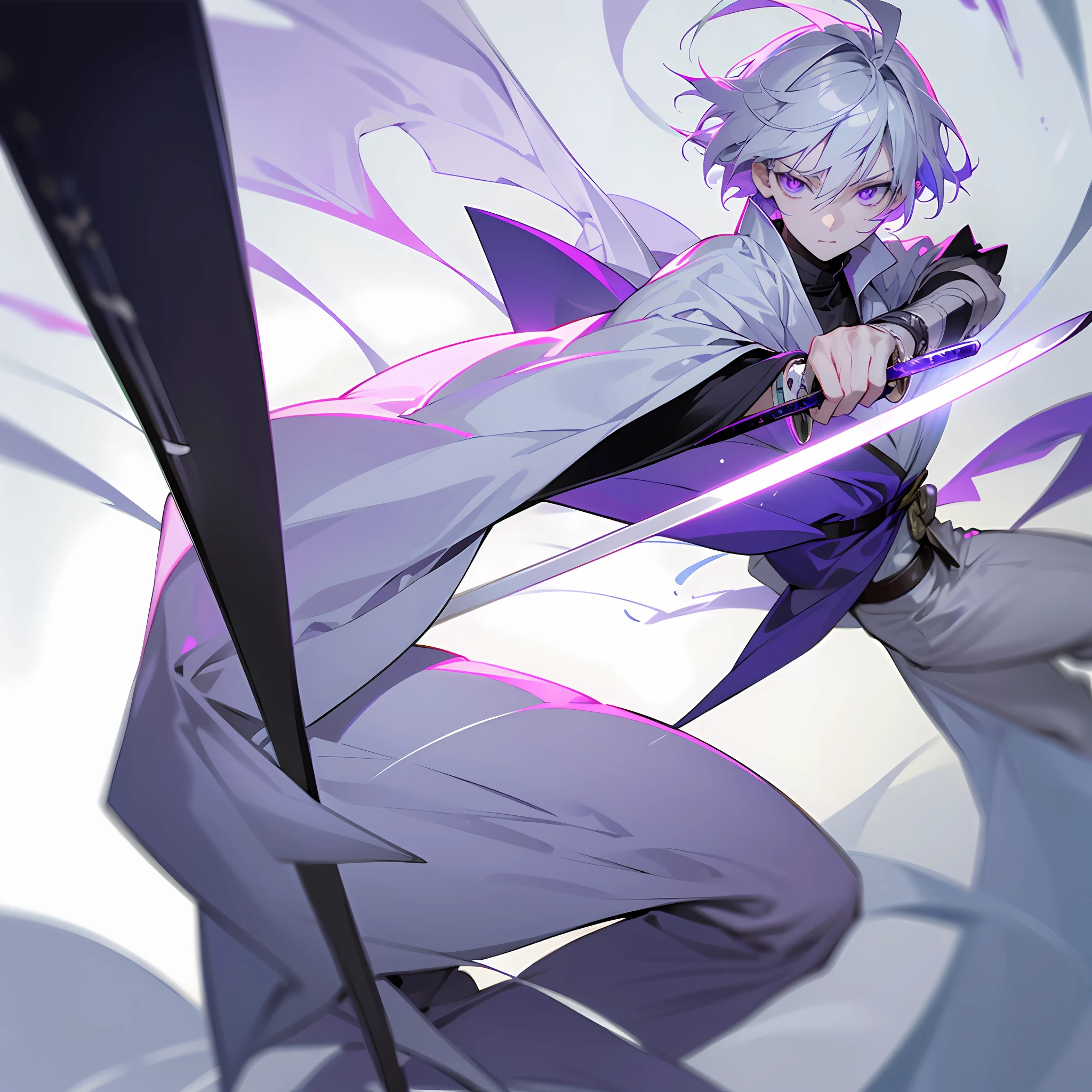 white skin, ultra beautiful face, following a katana, sword, ambient light, pessonage, full body, anime, boy with short hair, silver white, purple eyes, beautiful eyes, shy, Maximum quality.