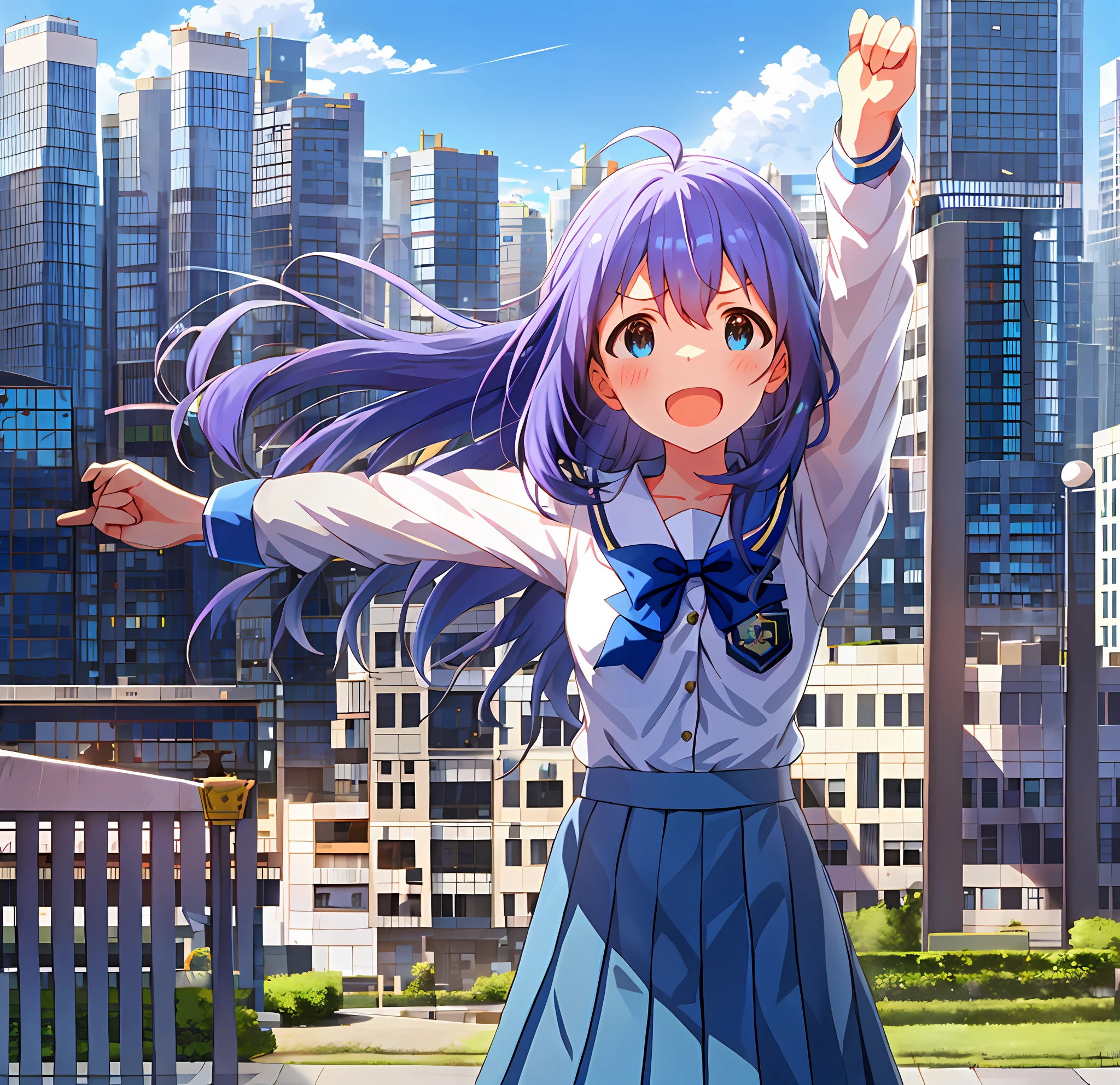 Anna Mochizuki (Million Live), Shiny Trinity \ (Costume), (Best Quality, 8K, Masterpiece, Super Detail: 1.2), Sea, Sun, Dappled Sunlight, Blue Sky, Beautiful Clouds, 1 Girl, Solo, Skirt, Open Mouth, V, View Viewer, White Sailor Color, Blue Shirt, Sailor Color, Blue Skirt, Pleated Skirt, Short Sleeve, :d, Shirt, School Uniform, Blush, Serafuk, Clavicle, Bow, ribbon, blue bow. (((Outside))). (((fighting stance))).,((((Giantization))).dynamic focus.small breasts. (((skyscrapers))). (((Cityscape))). (((Face of sadness))). Spread your arms.