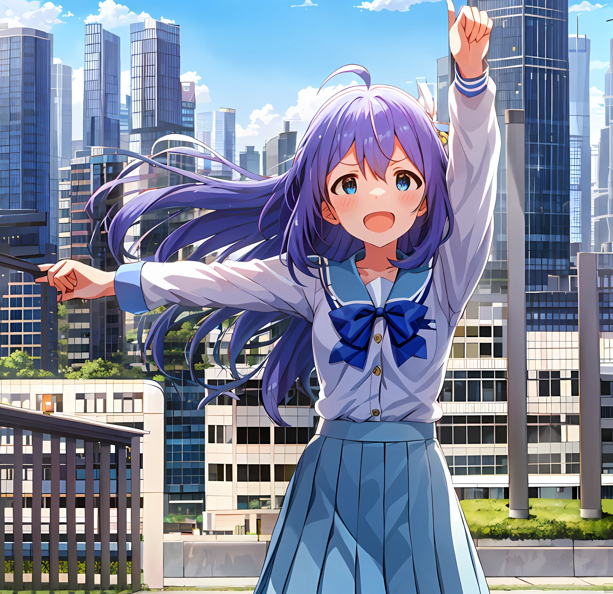 Anna Mochizuki (Million Live), Shiny Trinity \ (Costume), (Best Quality, 8K, Masterpiece, Super Detail: 1.2), Sea, Sun, Dappled Sunlight, Blue Sky, Beautiful Clouds, 1 Girl, Solo, Skirt, Open Mouth, V, View Viewer, White Sailor Color, Blue Shirt, Sailor Color, Blue Skirt, Pleated Skirt, Short Sleeve, :d, Shirt, School Uniform, Blush, Serafuk, Clavicle, Bow, ribbon, blue bow. (((Outside))). (((fighting stance))).,((((Giantization))).dynamic focus.small breasts. (((skyscrapers))). (((Cityscape))). (((Face of sadness))). Spread your arms.