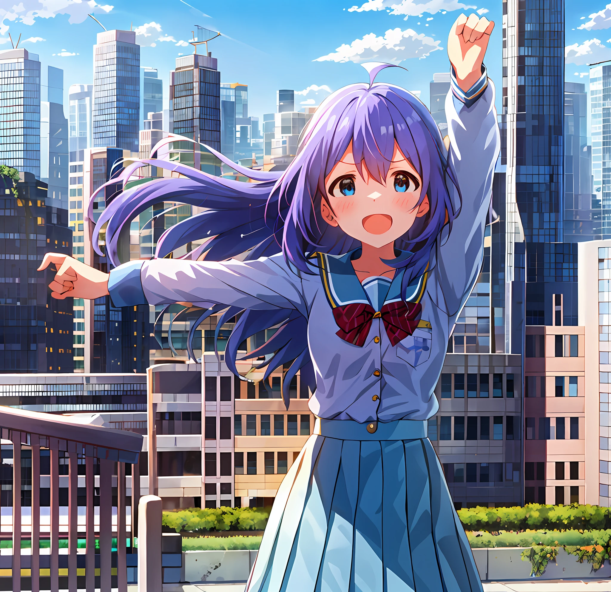 Anna Mochizuki (Million Live), Shiny Trinity \ (Costume), (Best Quality, 8K, Masterpiece, Super Detail: 1.2), Sea, Sun, Dappled Sunlight, Blue Sky, Beautiful Clouds, 1 Girl, Solo, Skirt, Open Mouth, V, View Viewer, White Sailor Color, Blue Shirt, Sailor Color, Blue Skirt, Pleated Skirt, Short Sleeve, :d, Shirt, School Uniform, Blush, Serafuk, Clavicle, Bow, ribbon, blue bow. (((Outside))). (((fighting stance))).,((((Giantization))).dynamic focus.small breasts. (((skyscrapers))). (((Cityscape))). (((Face of sadness))). Spread your arms.