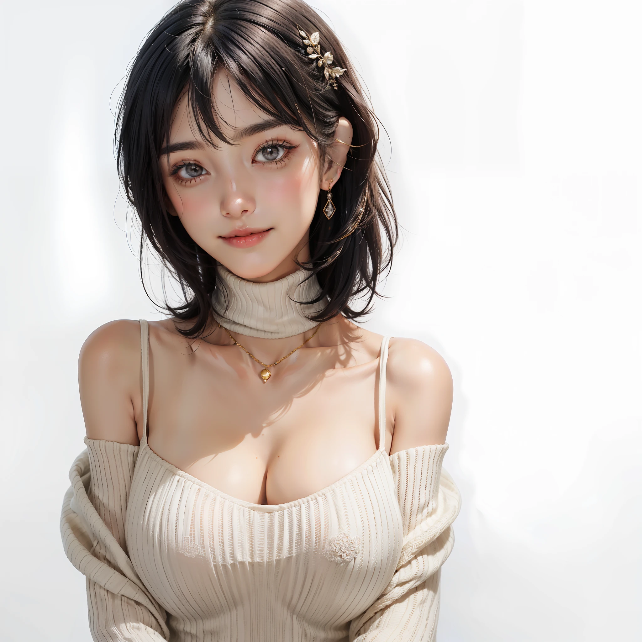 Only one beautiful woman, golden ratio face and golden ratio body, breasts looking directly at the camera, sexy expression, chest between arms to create cleavage, chest closer, refreshing charm, happy smile, happy smile, cute smile, coquettish smile, skin gloss, highlights in the eyes, clear double eyelids, eyelashes, long neck, beautiful short hair, glossy dark black hair, Bangs, short hair, snow-white background, empty background, two-tone clothes, knitwear, crystal clear clothes, turtleneck, hair accessories long neck, ears out