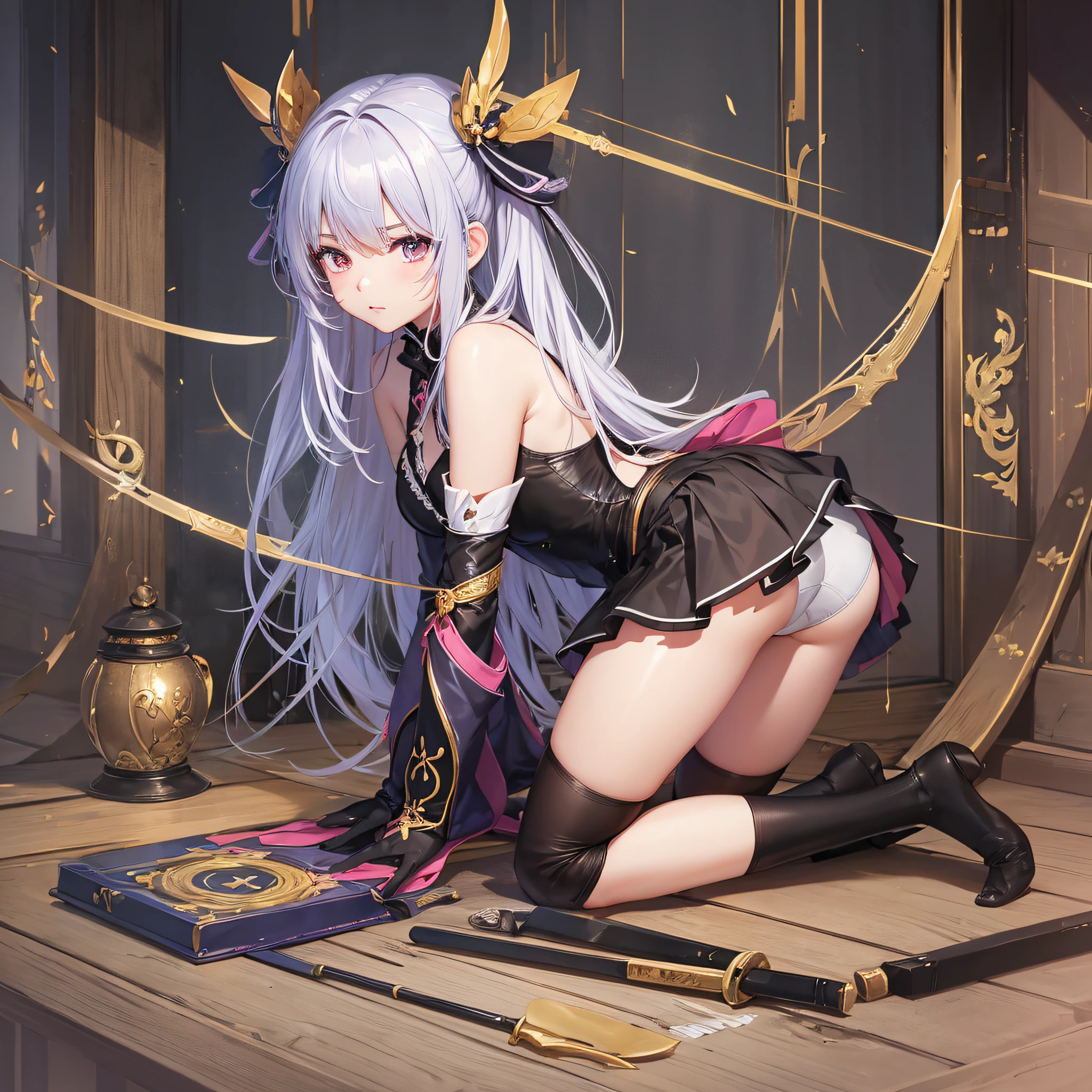 Top quality. Japan anime style. Girl. A world of swords and sorcery. Underwear. All fours. Sexual. Upper eyes. --auto --s2