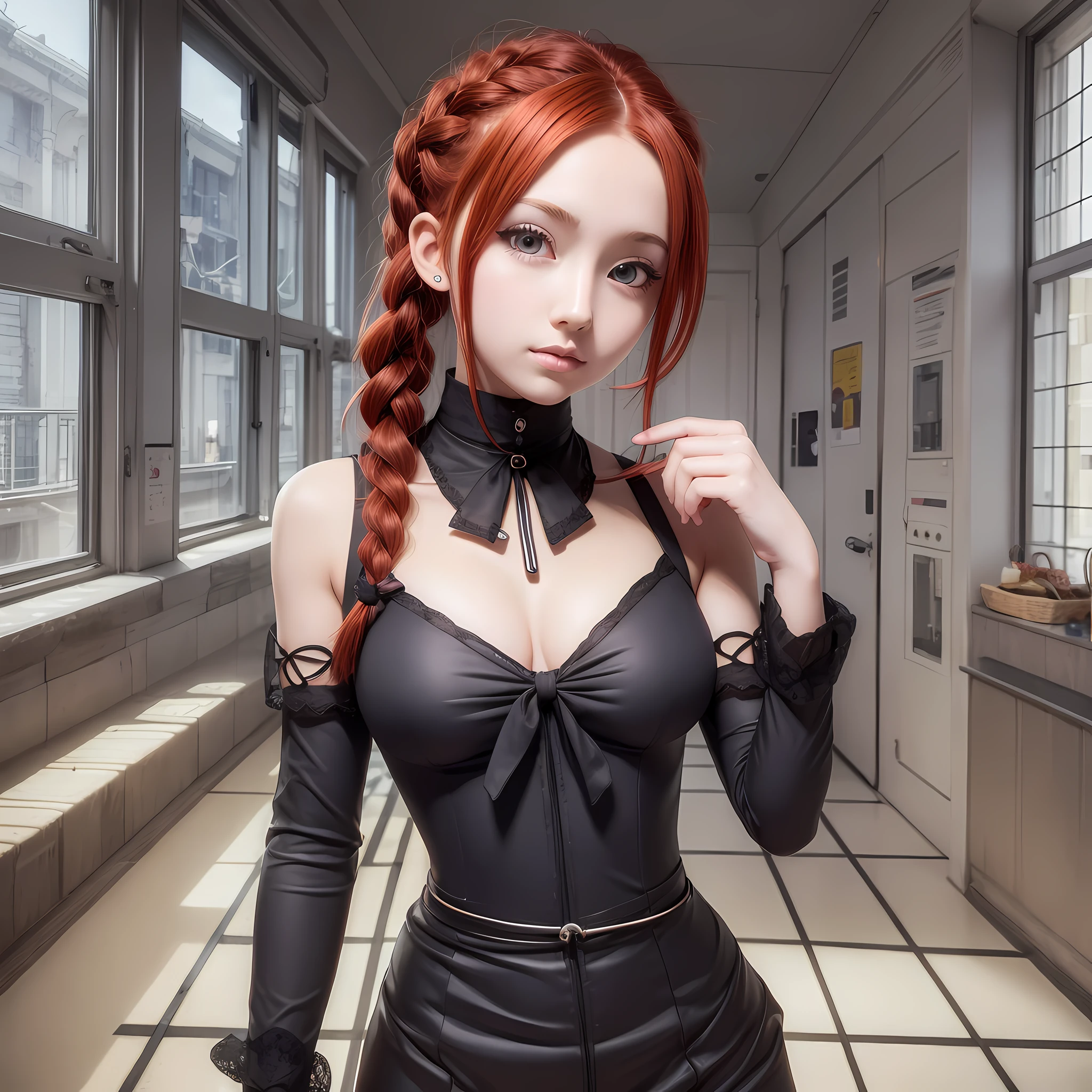 adolecent, best quality, ultra detailed, redhead, yellow eyes, makima, electric saw man, anime, black tie, hair with braids, transparent blouse