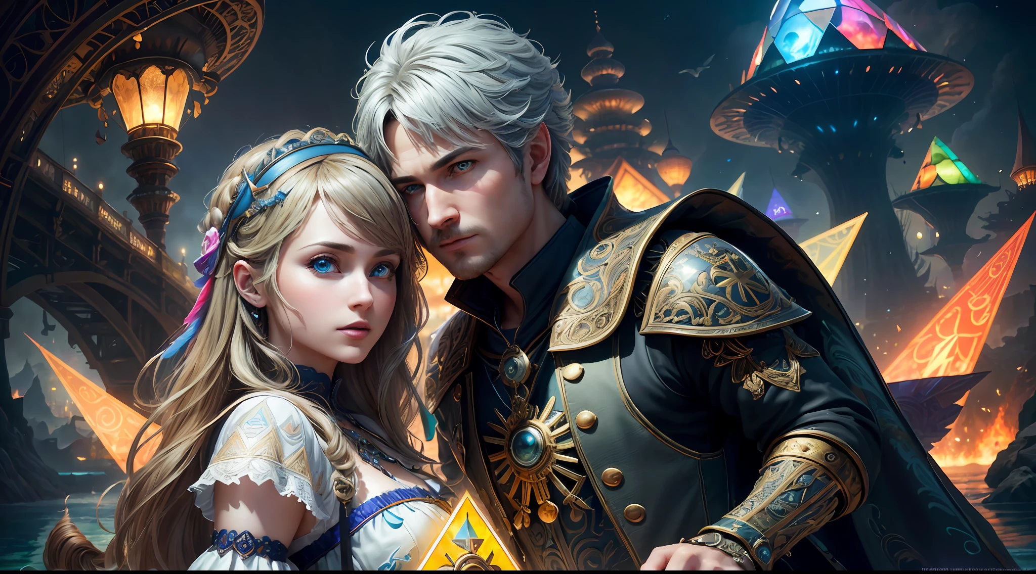 (((Multiplayer, Vivid Eyes, Man and Woman))), Best Quality, Realistic, Realistic, Award-Winning Illustrations, (Intricate Details: 1.2), (Fine Details), (Intricate Details), (Cinematic Light, Best Quality Backlight), Clear Lines, Sharp Focus, Official Art, Unity 8k Wallpapers, Ridiculous, Incredibly Absurd, Fantasy Art, (((Full Body Portrait))), RTX, ((Award-winning Triangle Studio Close-up Photo)), 1 couple, (shut up), best quality, 4K, beautiful mysterious creatures, female, flying, surrealism, masterpiece by ncwinters, in a mysterious country town, masterpiece, intricate details, ff14style, urban painting, bridge, river, giant mushroom, landscape, bright colors,