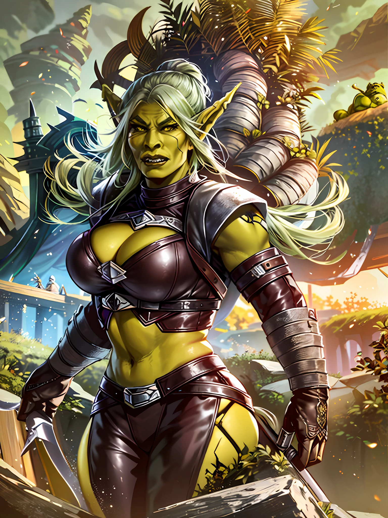 (A closeup of a woman in a leather suit with a sword), (((female orc)))), (((female green orc)))), thematic orc, (warrior orc), (a very beautiful berserker woman), (female druid forest orc), ((alone))