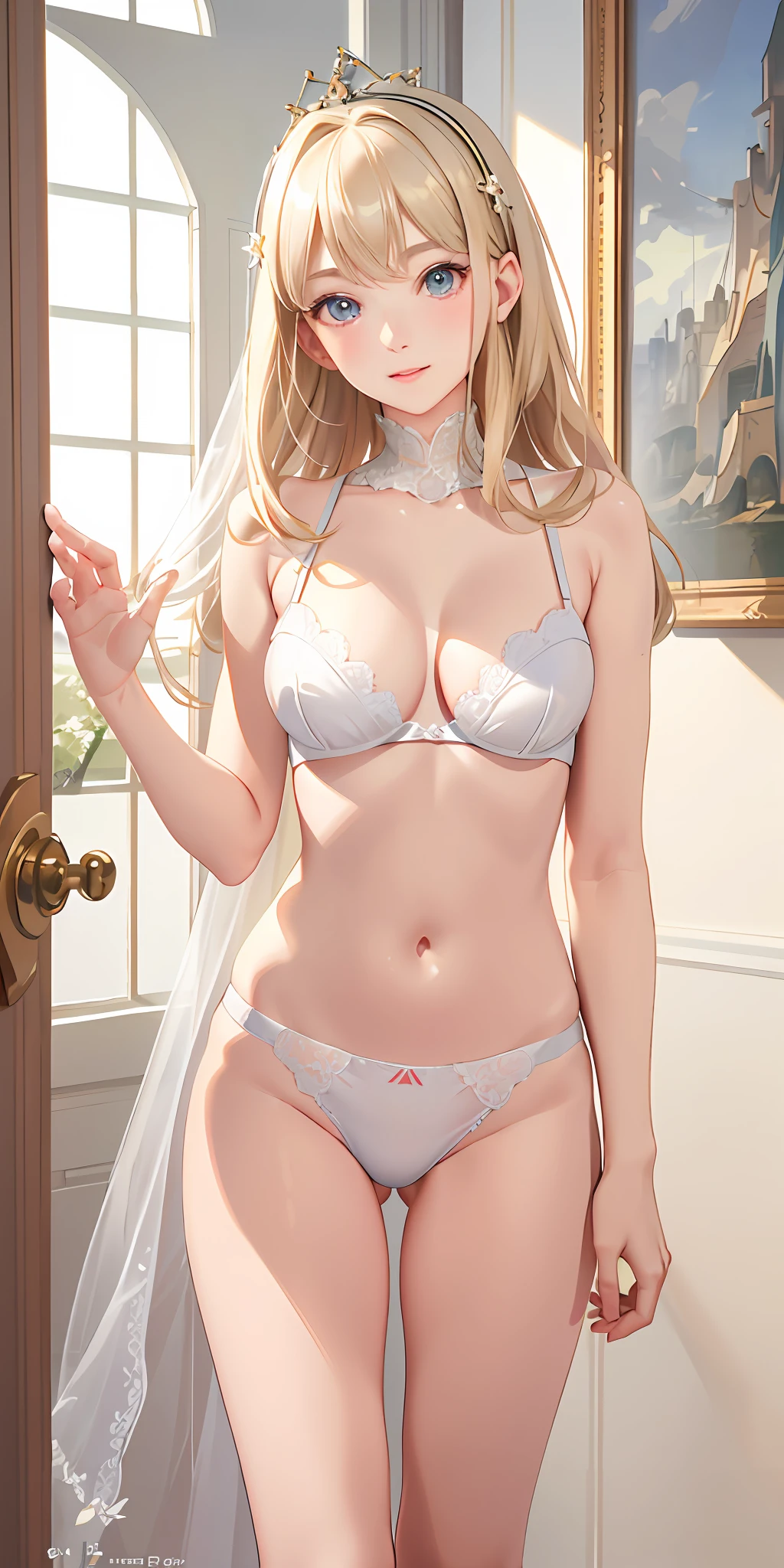 (Real: 1.4), (Masterpiece, Sidelights, Fine Beautiful Eyes: 1.2), Masterpiece*Portrait、、、、, Realistic, 3D Face, Glistening Eyes, Glossy Hair, Skin Falling Out, Solo、、、、, Embarrassing, (Epigastric), White Underwear, Blonde Hair, (Princess)